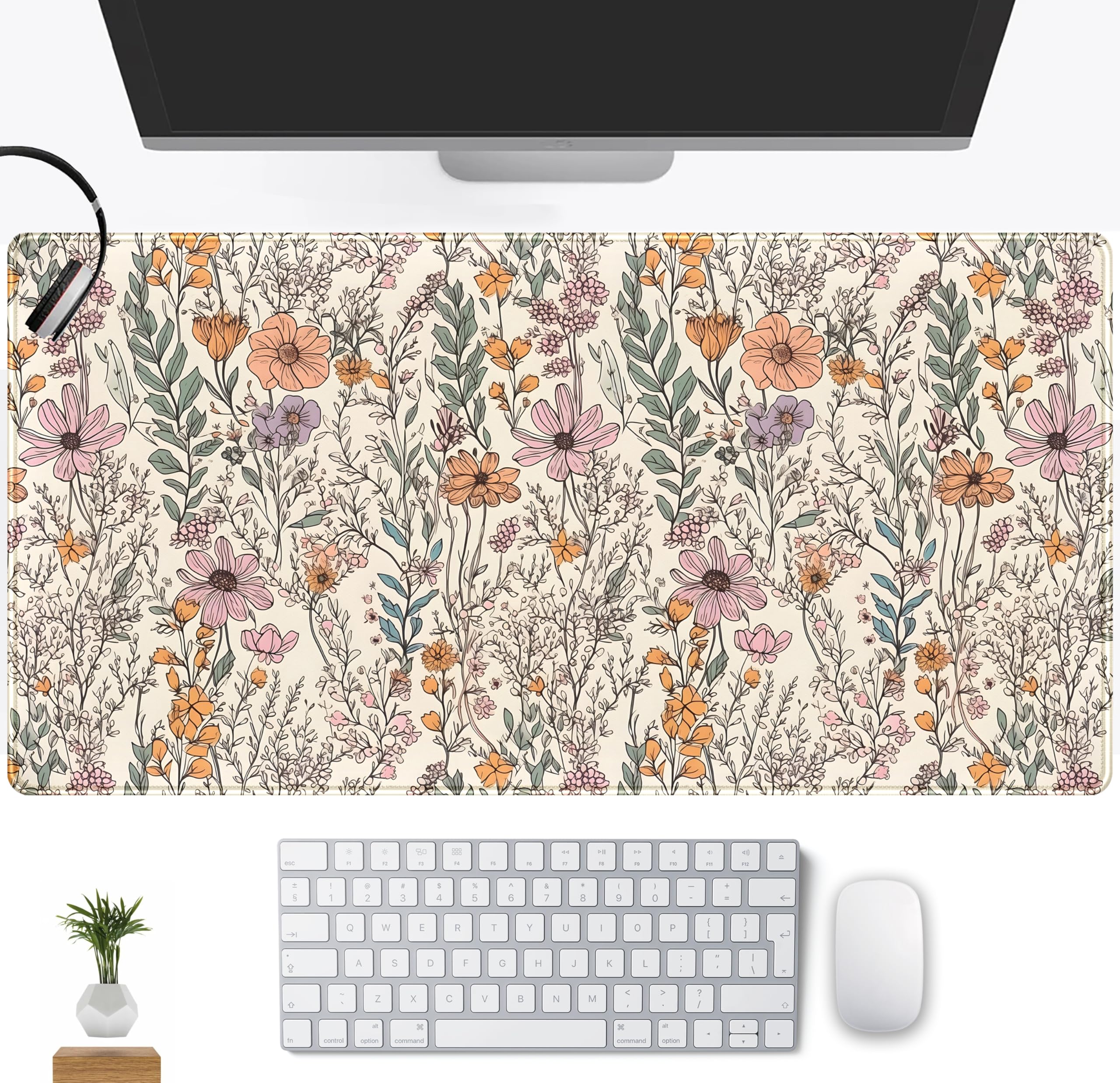 Wild Flowers Desk Mat Gaming Mouse Pad Extra Large, Floral Cute Keyboard Mouse Mat Xxl, Full Desk Mousepad Desk Protector Mats,