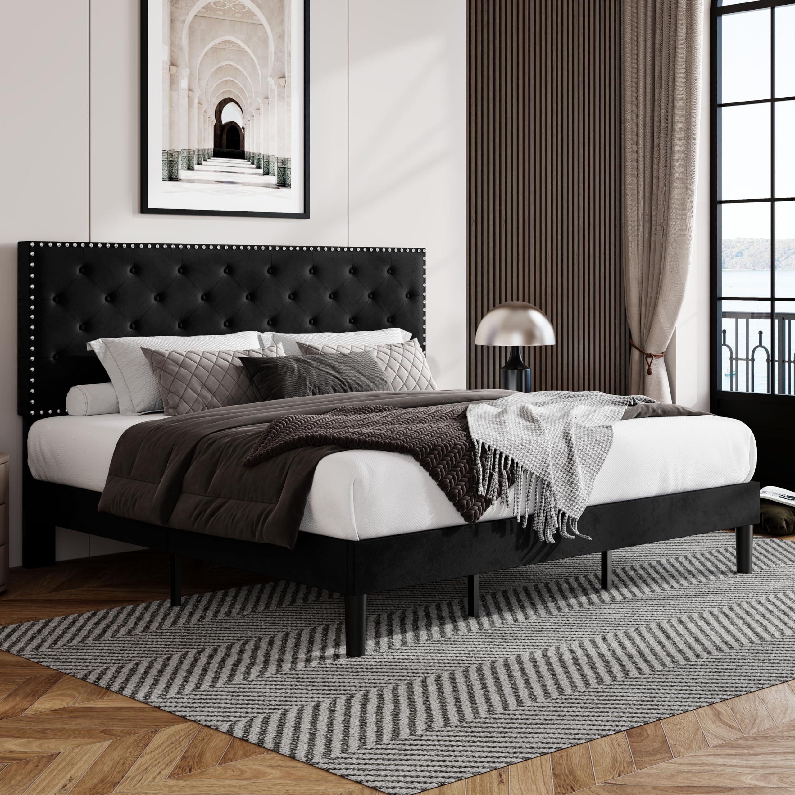 Allewie King Size Bed Frame, Velvet Upholstered Platform Bed With Adjustable Diamond Button Tufted & Nailhead Trim Headboard, Wood Slat Support, Easy Assembly, No Box Spring Needed, Black