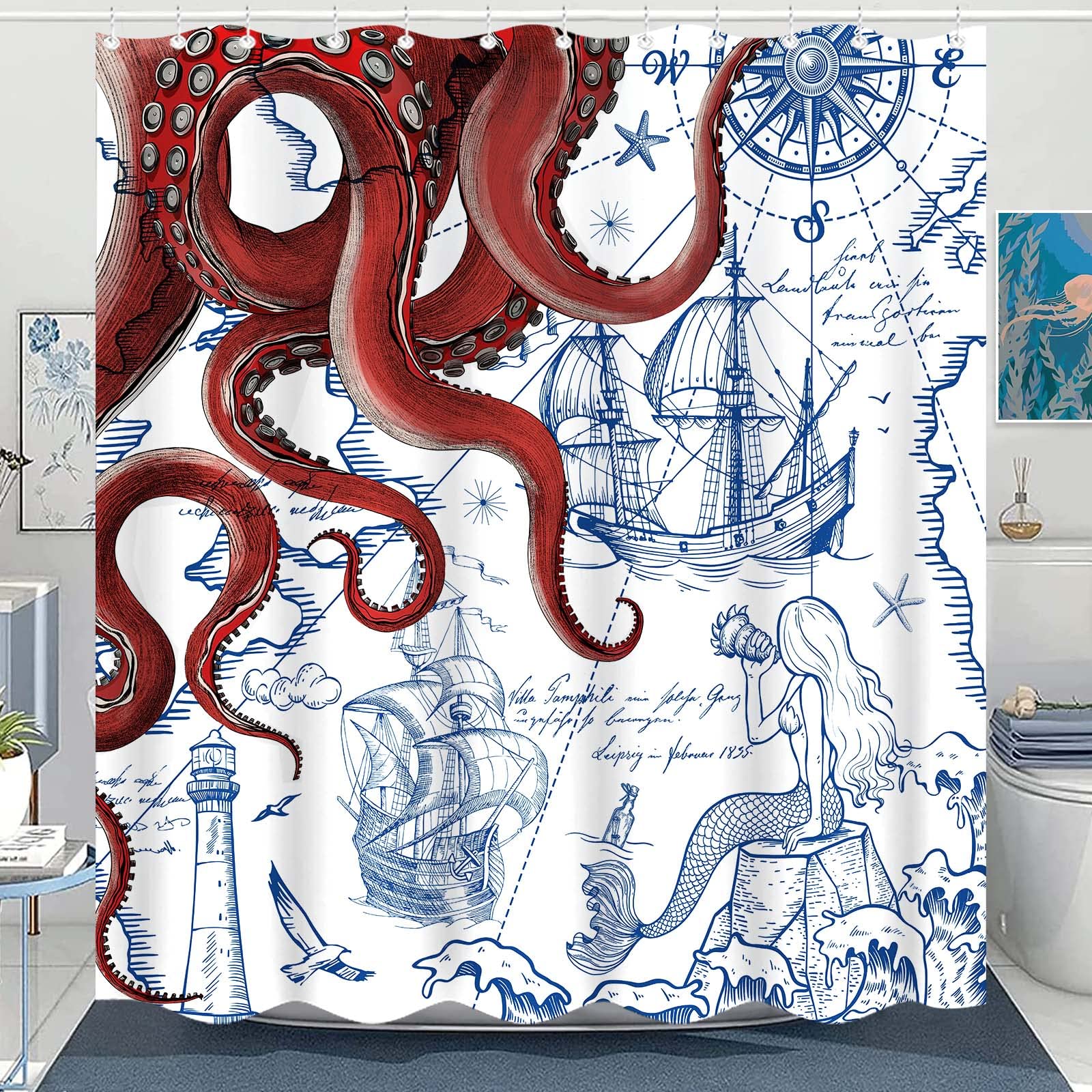 Fungarth Red Nautical Octopus Shower Curtain Navy Blue Mermaid Funny Ocean Kraken Shower Curtains for Bathroom Cool Anchor Coast