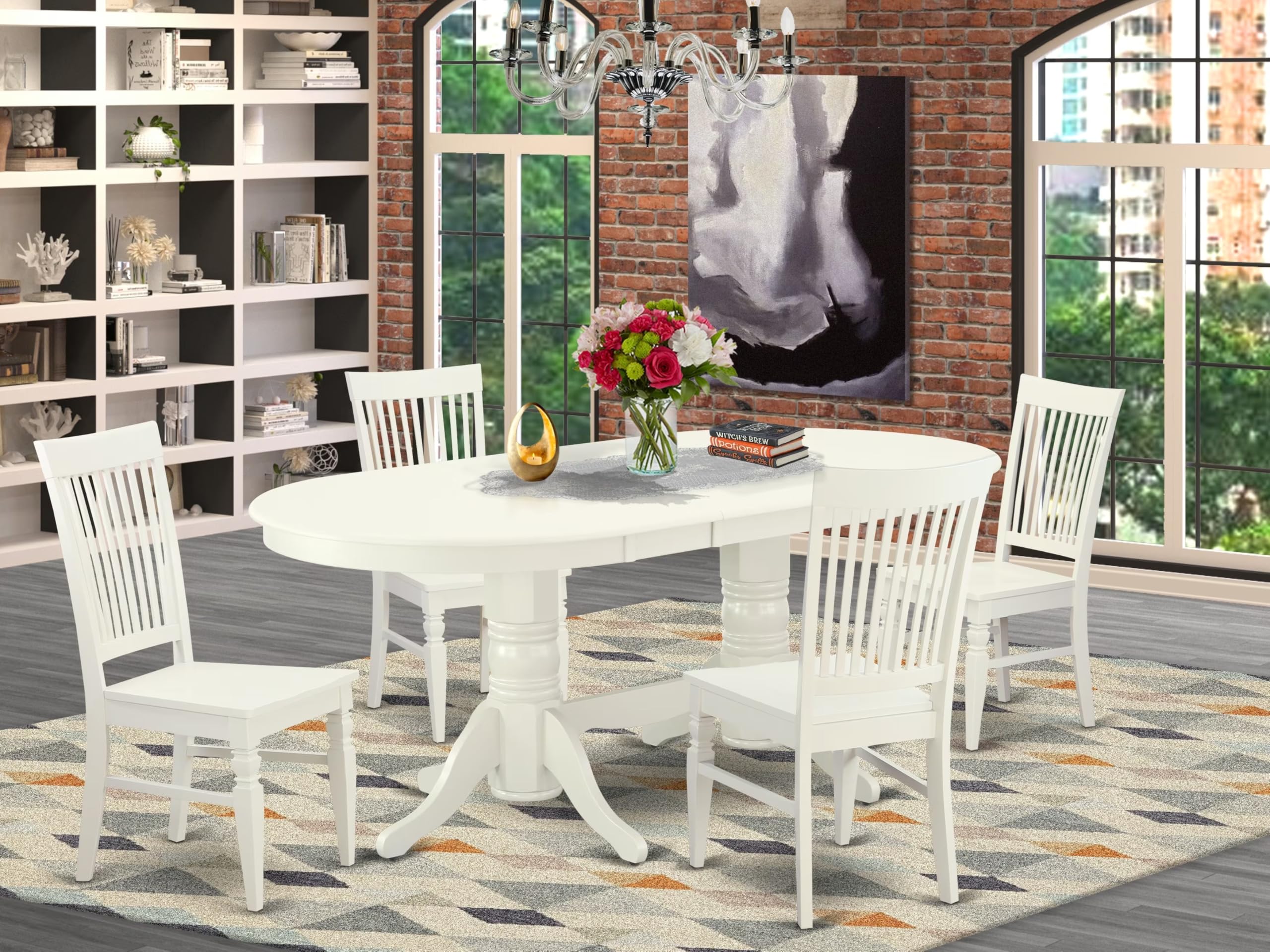 East West Furniture Vawe5-Lwh-W 5 Piece Kitchen Table Set For 4 Includes An Oval Dining Room Table With Butterfly Leaf And 4 Dining Chairs, 40X76 Inch, Linen White