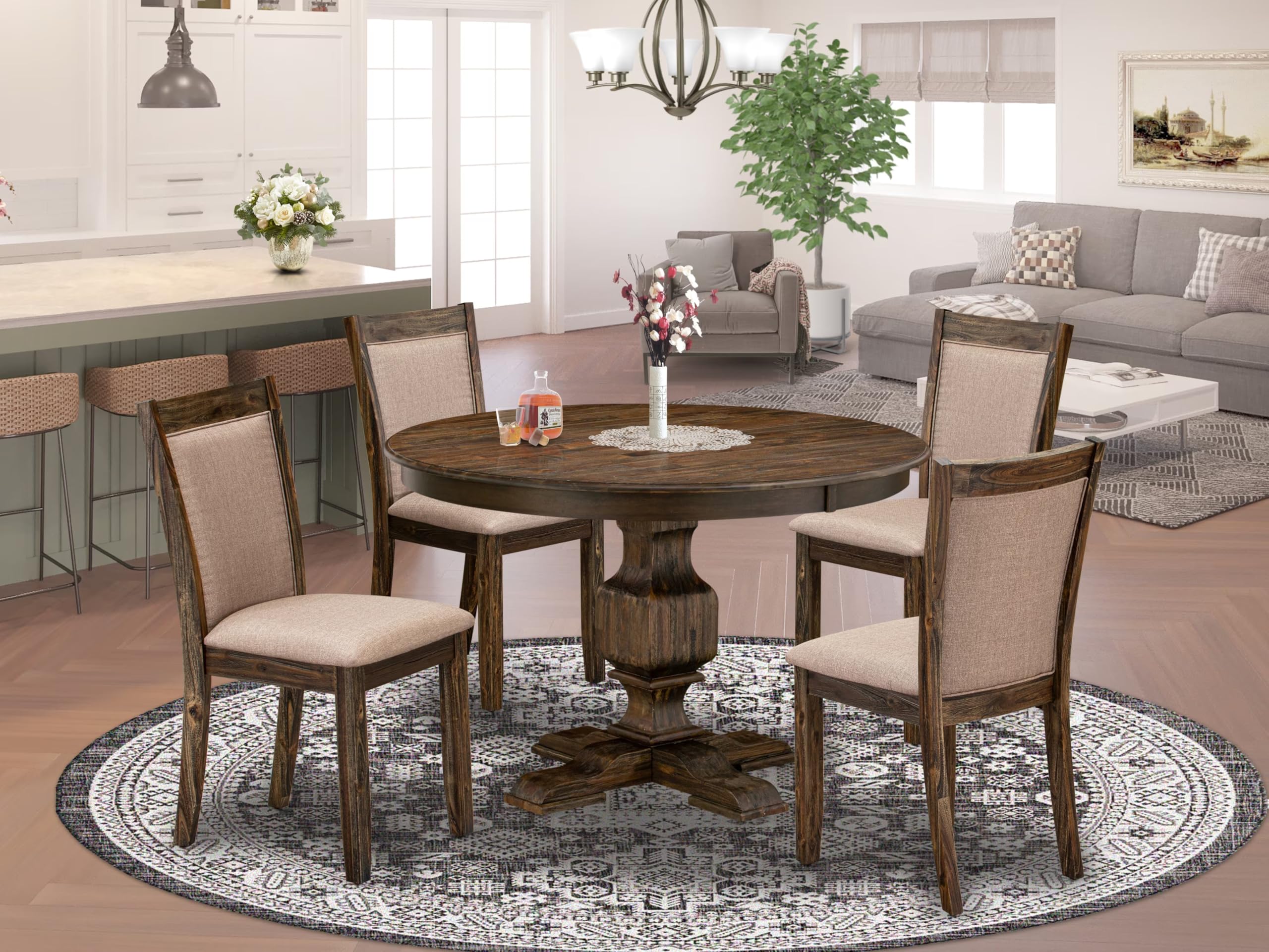 East West Furniture F3MZ5-716 5 Piece Dining Table Set for 4 Includes a Round Kitchen Table with Pedestal and 4 Dark Khaki Linen Fabric Parsons Dining Chairs, 48x48 Inch, Distressed Jacobean