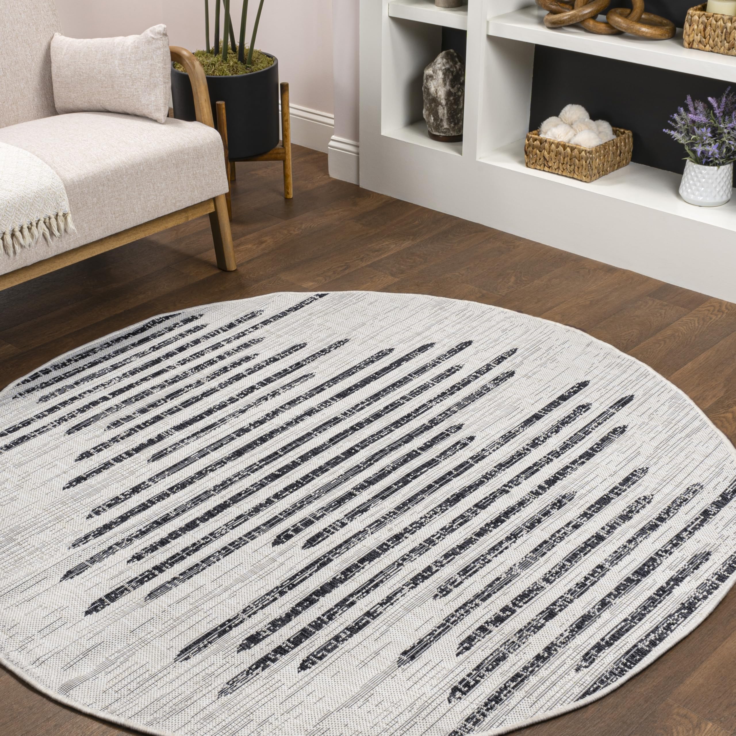 Jonathan Y Smb124D-9R Zolak Berber Stripe Geometric Ivory/Black 9' Round Indoor/Outdoor Area Rug, Pet Friendly, Non Shedding, St