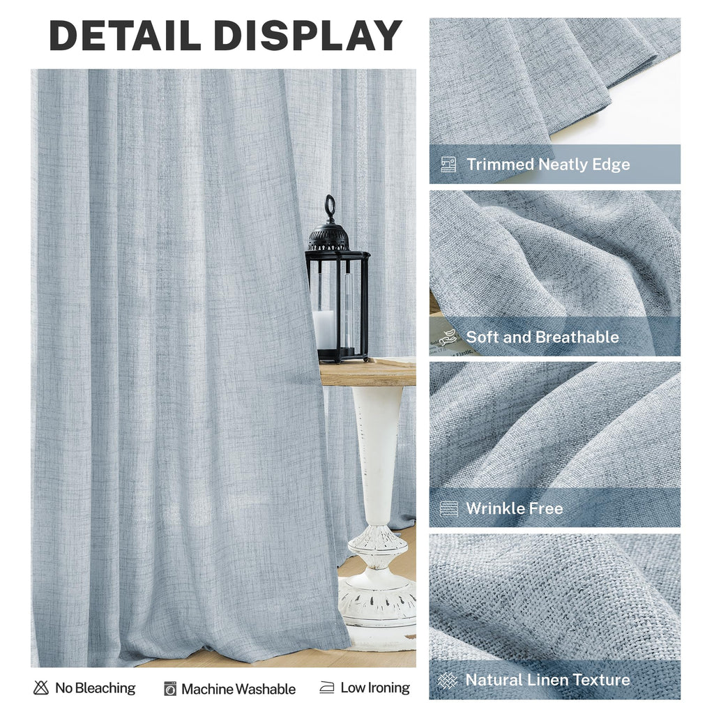 Blue Linen Curtains 108 Inches Long For Living Room 2 Panels Set Back Tab Pocket Farmhouse Boho Light Filtering Semi Sheer Dusty