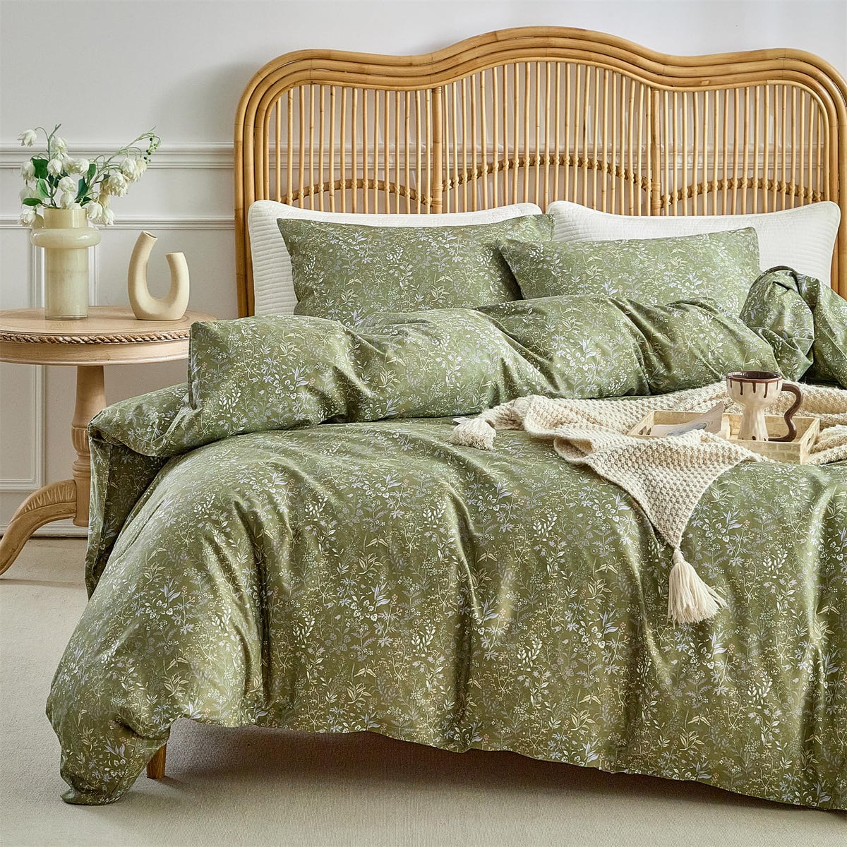 Mixinni 3 Pieces Duvet Covers King Size, 100% Cotton Comforter Cover Wildflower Printed On Army Green Floral Bedding Set With Zi