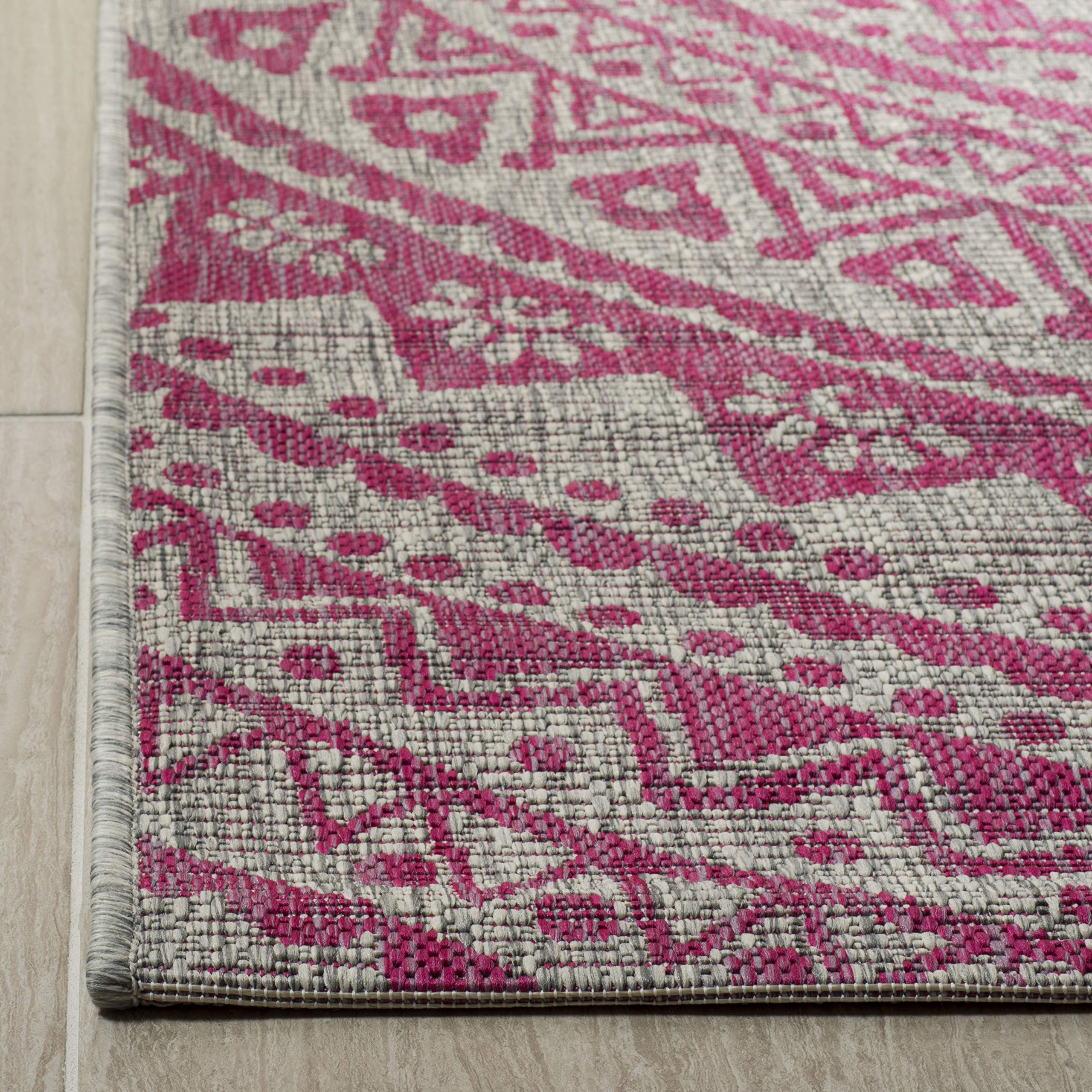 Safavieh Courtyard Collection 4' Square Light Grey/Fuchsia Cy8734 Indoor/Outdoor Non-Shedding Easy Cleaning Patio Backyard Porch Deck Mudroom Area Rug