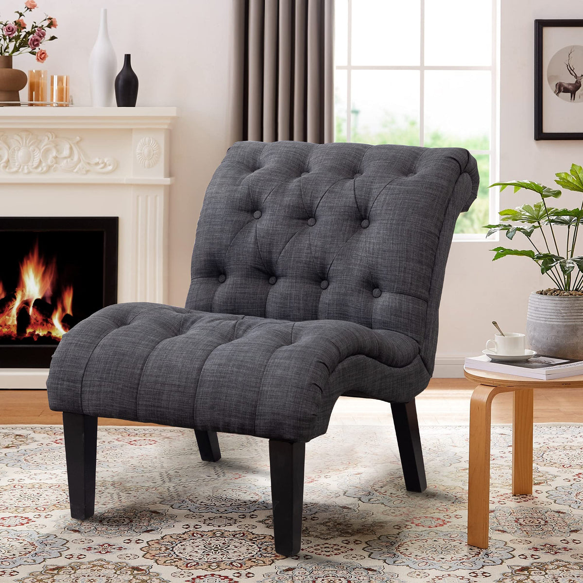 Yongqiang Upholstered Accent Chair For Bedroom Living Room Chairs Lounge Chair Armless Slipper Chair With Wood Legs Gray Fabric