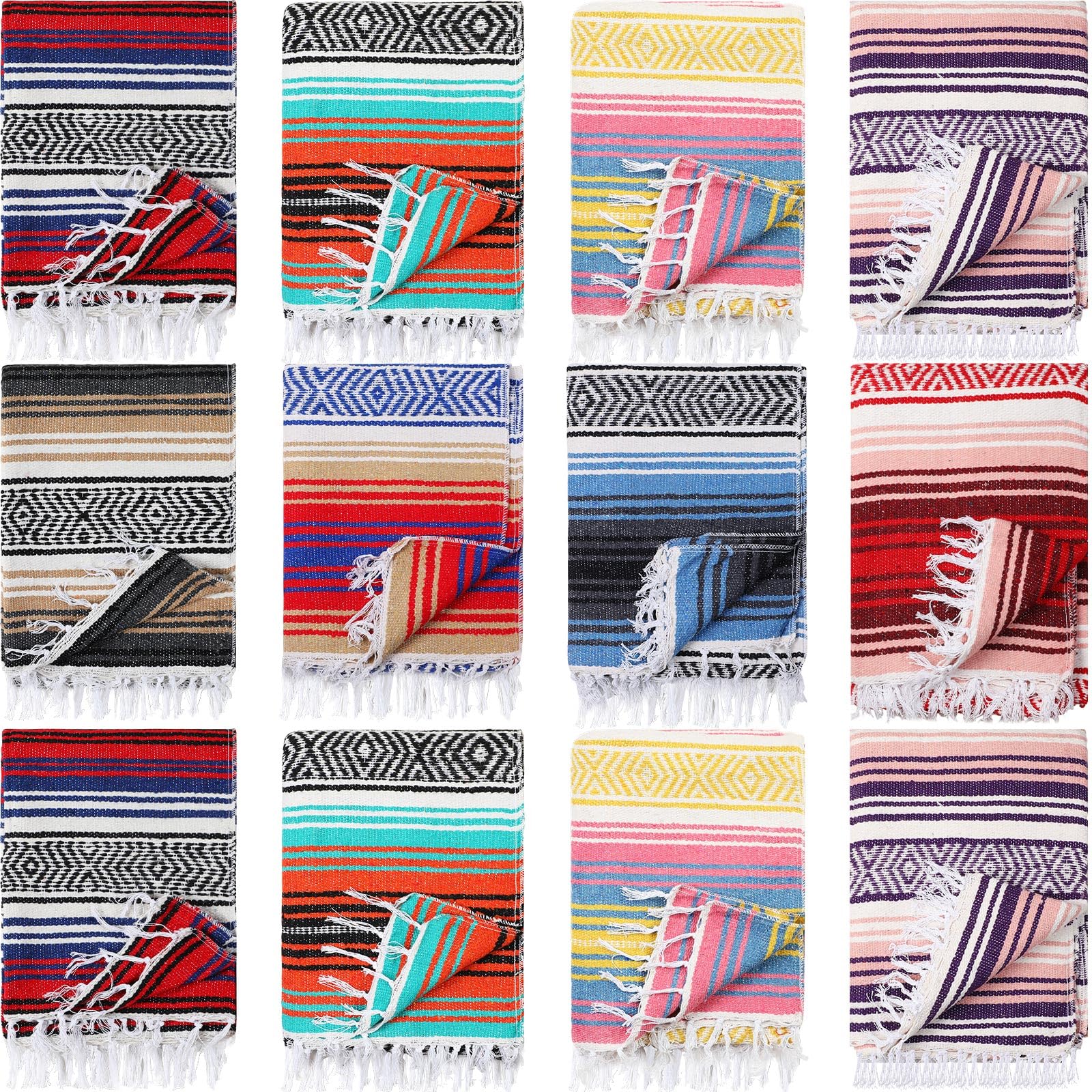 Macarrie 12 Pcs Mexican Beach Blankets Bulk Large Thick Serape Blanket Colorful Striped Yoga Throw for Outdoor Beach Park Picnic