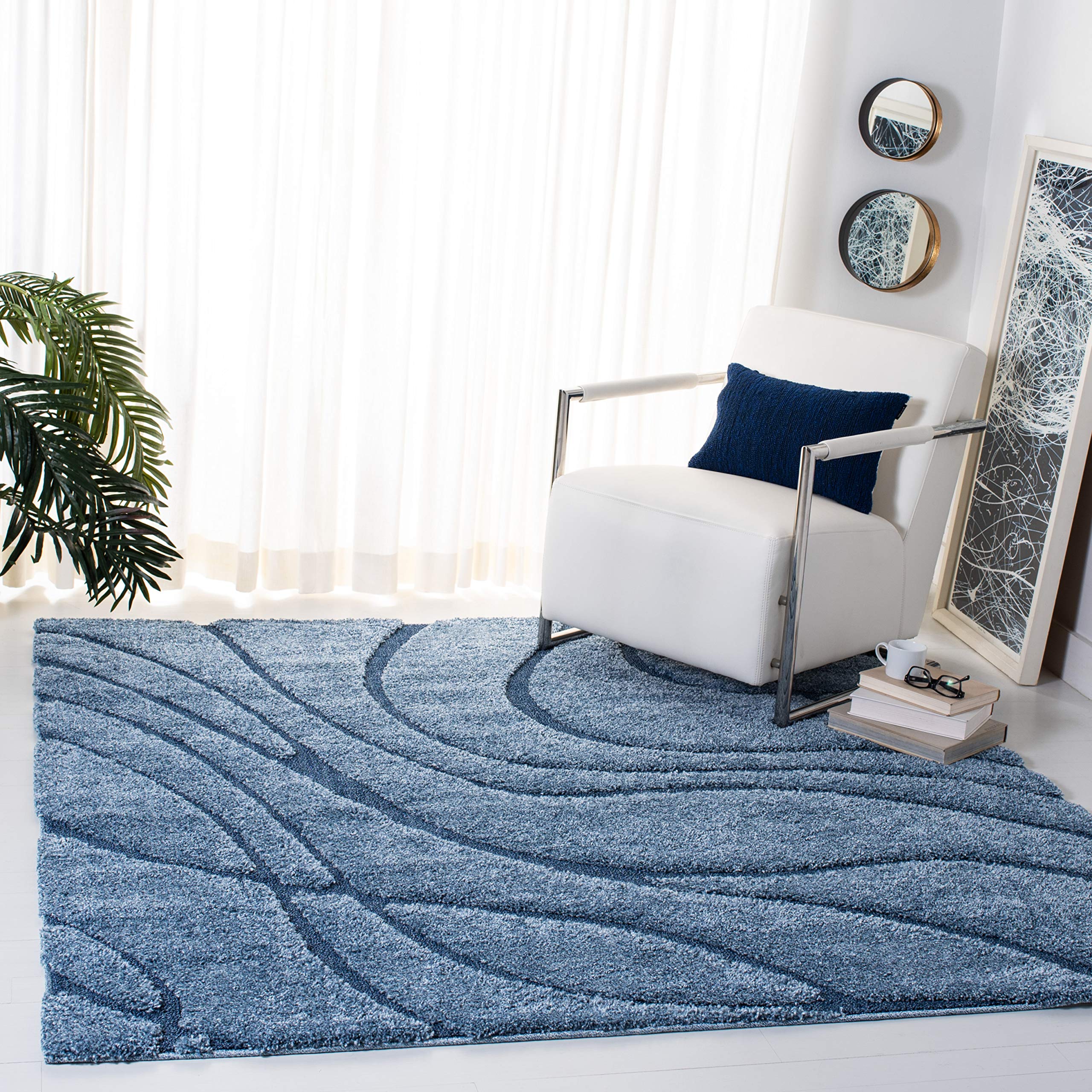 Safavieh Florida Shag Collection Area Rug - 8 Square, Light Blue & Blue, Non-Shedding & Easy Care, 1.2-inch Thick Ideal for Hig
