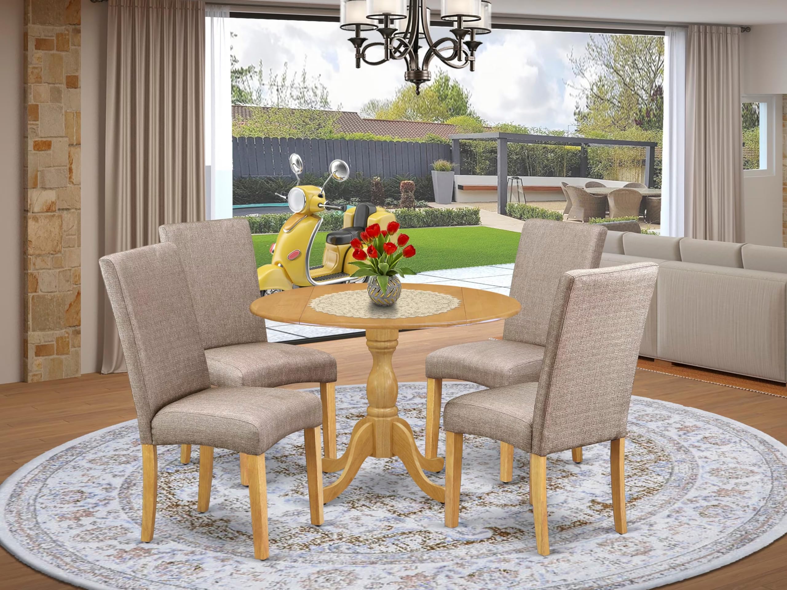 East West Furniture DMDR5-OAK-16 5 Piece Dining Set Includes a Round Dining Room Table with Dropleaf and 4 Dark Khaki Linen Fabric Upholstered Parson Chairs, 42x42 Inch, Oak