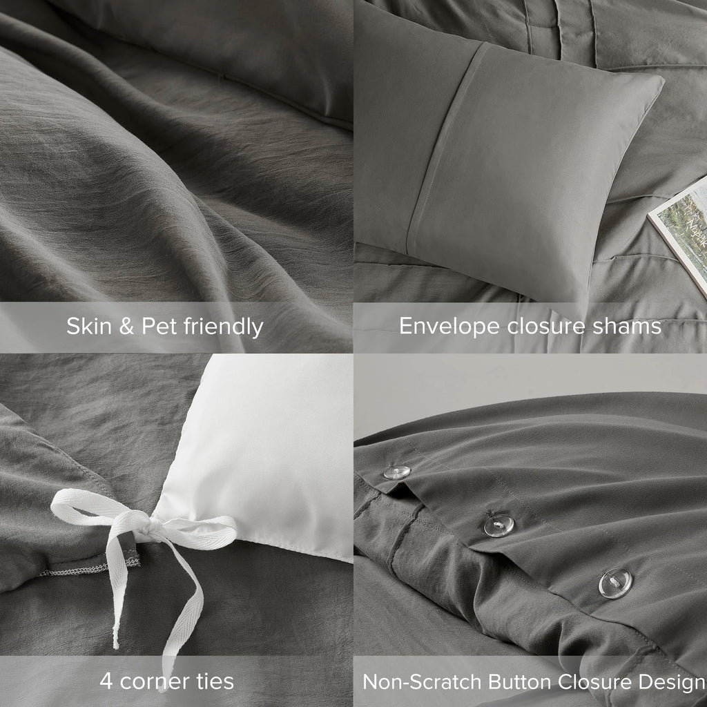 Comfort Spaces Grey Full Size Duvet Cover Set - 3-Pc Pintuck Pleated Duvet Cover Full, All Season Lightweight, Extra Softness Pre-Washed Microfiber Full Bed Cover Shams, Full