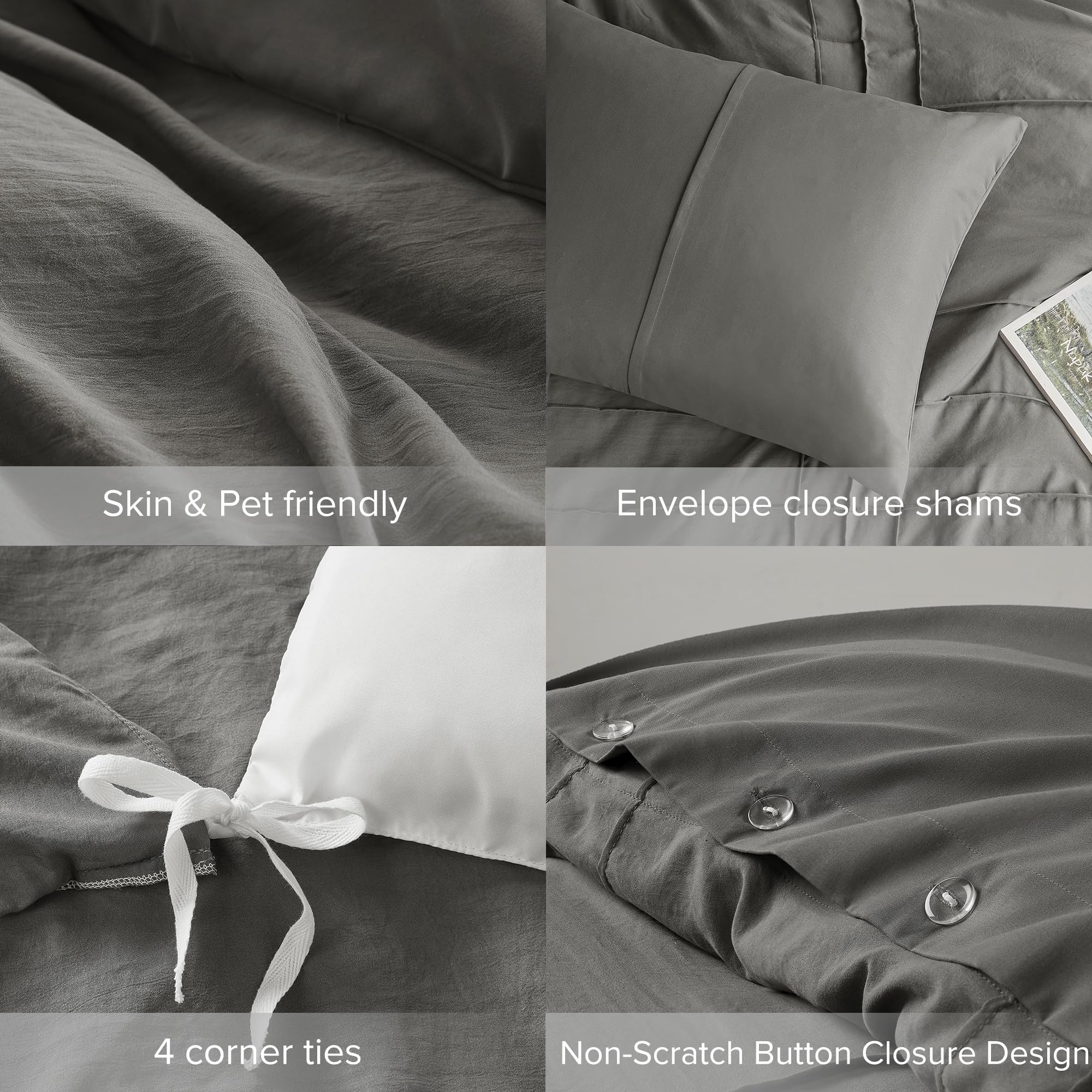 Comfort Spaces Grey Full Size Duvet Cover Set - 3-Pc Pintuck Pleated Duvet Cover Full, All Season Lightweight, Extra Softness Pre-Washed Microfiber Full Bed Cover Shams, Full