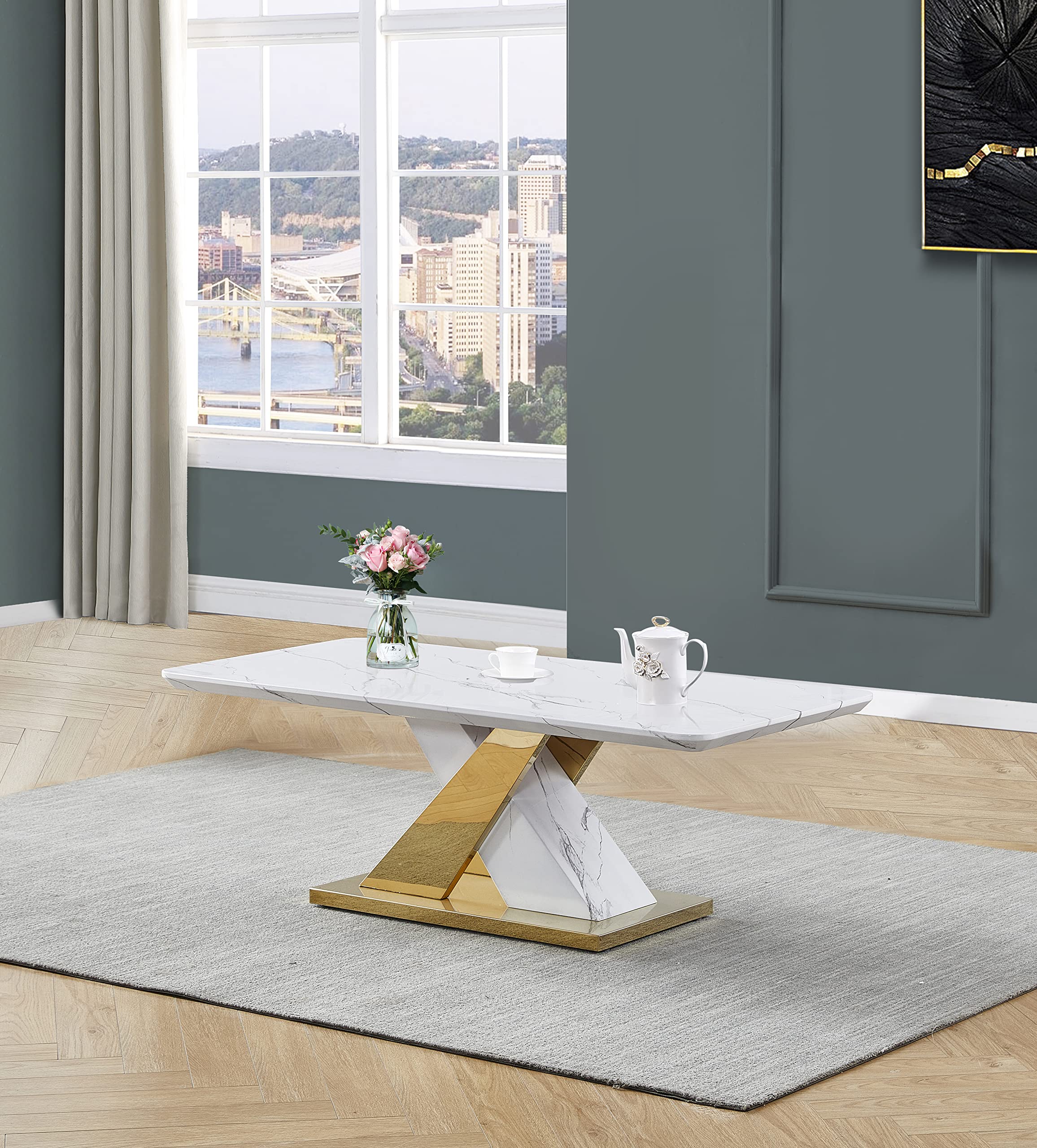 Best Quality Furniture CT297-8-9 Coffee Table Set, White/Gold