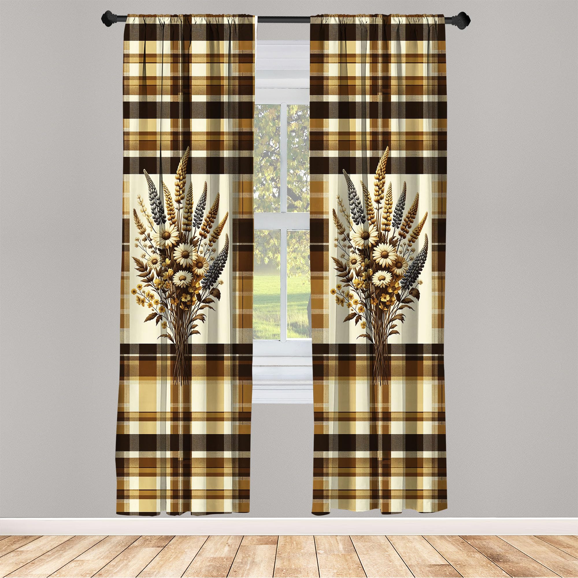Ambesonne Autumnal Window Curtains, Earthy Fall Tone Leafy Floral Bouquet Illustration With Tartan Plaid Back, Lightweight Decor