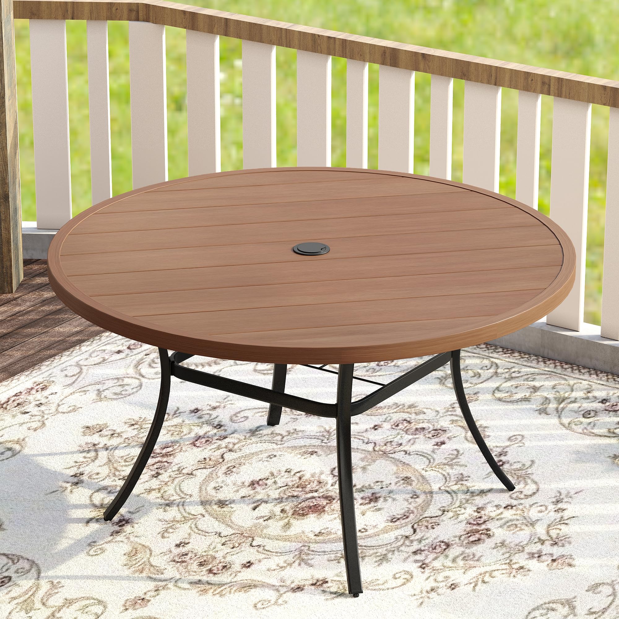 Vicllax 53' Outdoor Round Patio Table For Lawn Garden, All Weather Metal Round Patio Dining Table With Adjustable Umbrella Hole, Patio Table For 8 Person, Walnut Tabletop