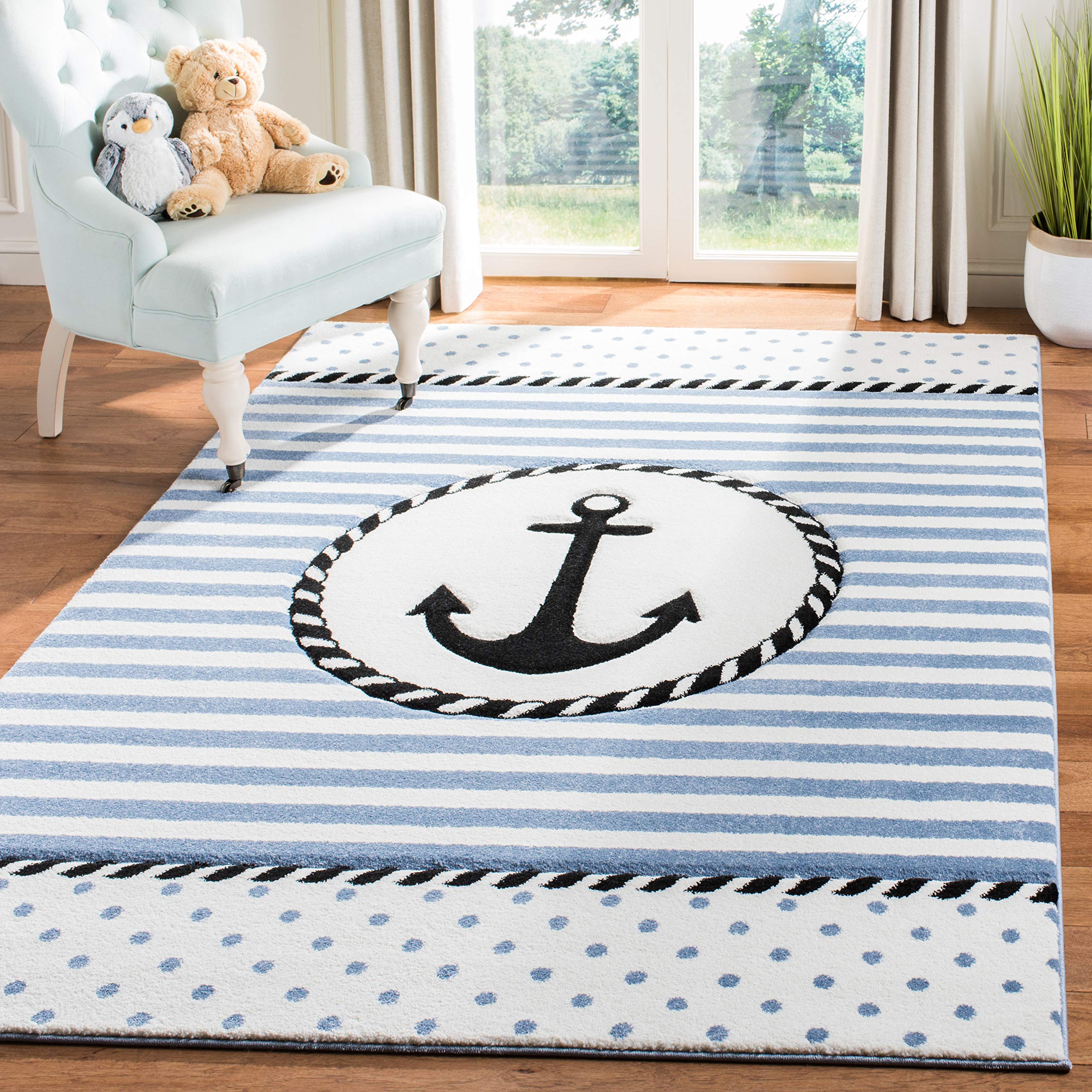 SAFAVIEH Carousel Kids Collection Area Rug - 53 x 76, Ivory & Navy, Non-Shedding & Easy Care, Ideal for High Traffic Areas for