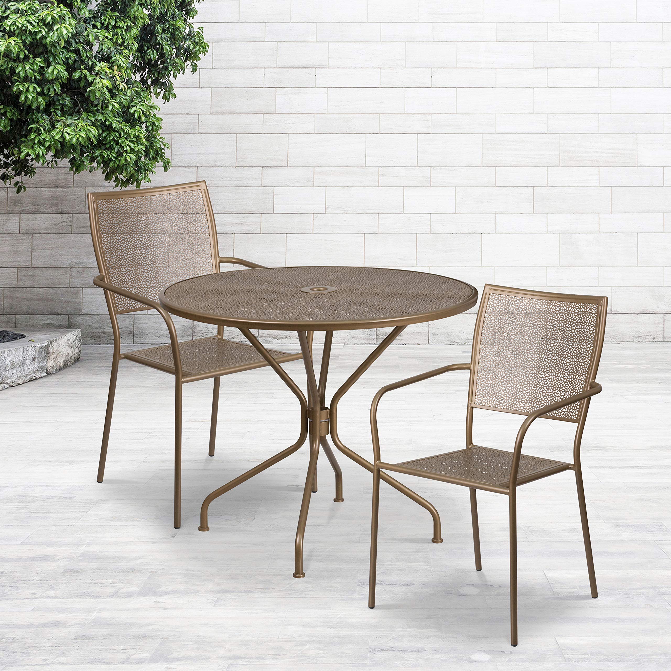 Flash Furniture Commercial Grade 35.25' Round Gold Indoor-Outdoor Steel Patio Table Set With 2 Square Back Chairs