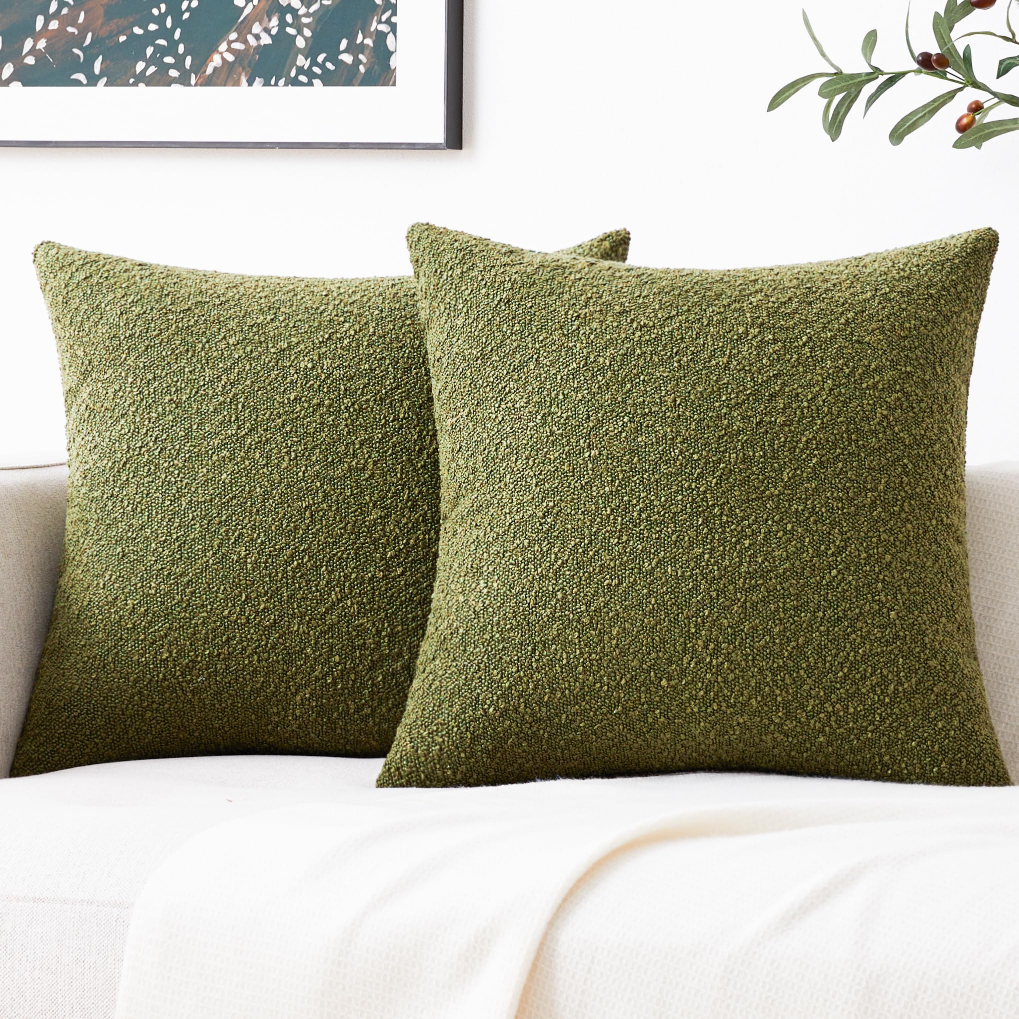 Mixhug Decorative Boucle Throw Pillow Covers, Olive Green, 18 X 18 Inches, Pack Of 2 - Textured Boho Pillow Covers For Couch And