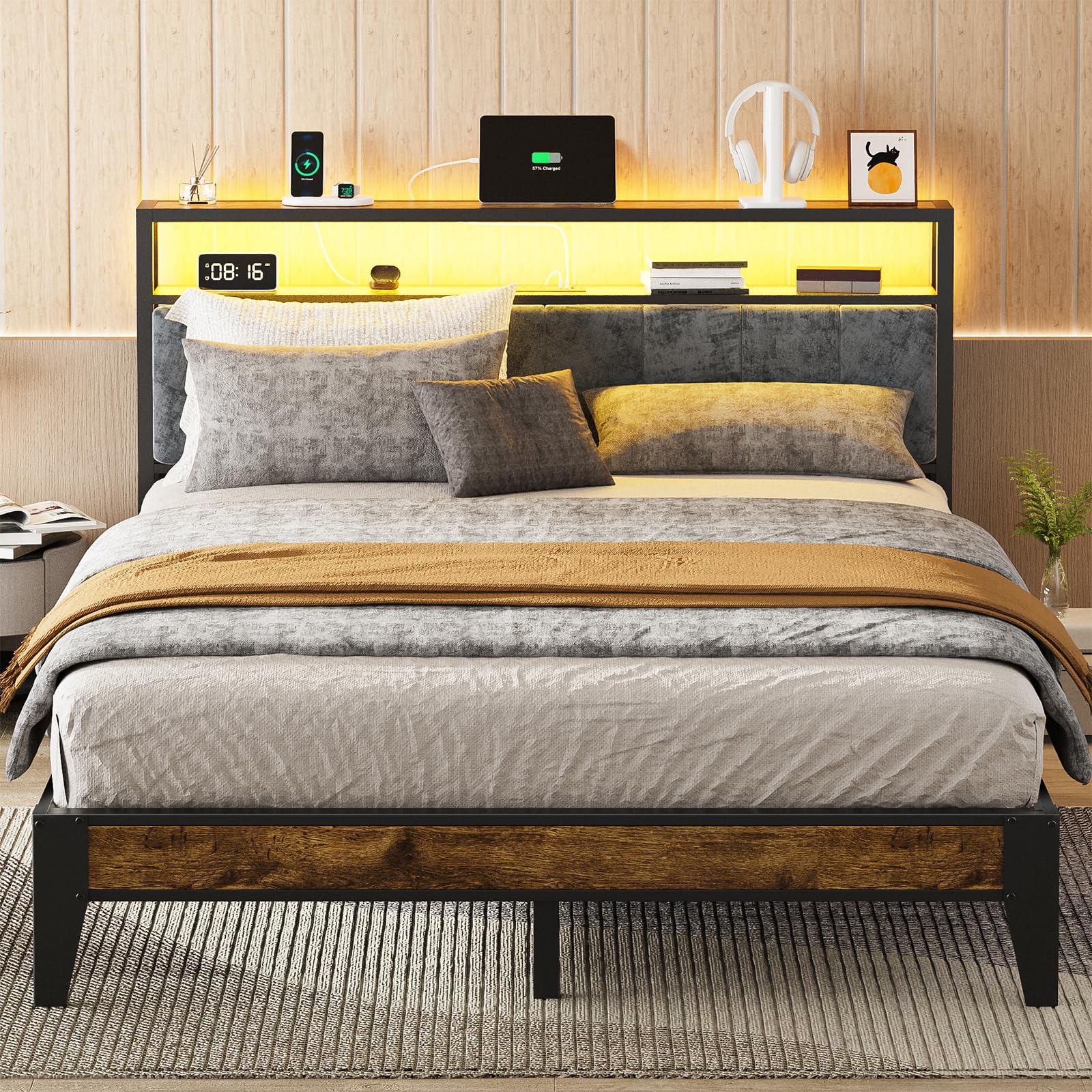 OLEVS Queen Bed Frame Metal Platform Bed Queen Size with 2-Tier Storage & LED Light Headboard, Charging Station Type C, No Box S
