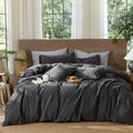 MooMee Wavy Striped Duvet Cover Set 100% Washed Cotton Linen Like Textured Breathable Durable Soft Comfy (Charocal Grey, Cal Kin
