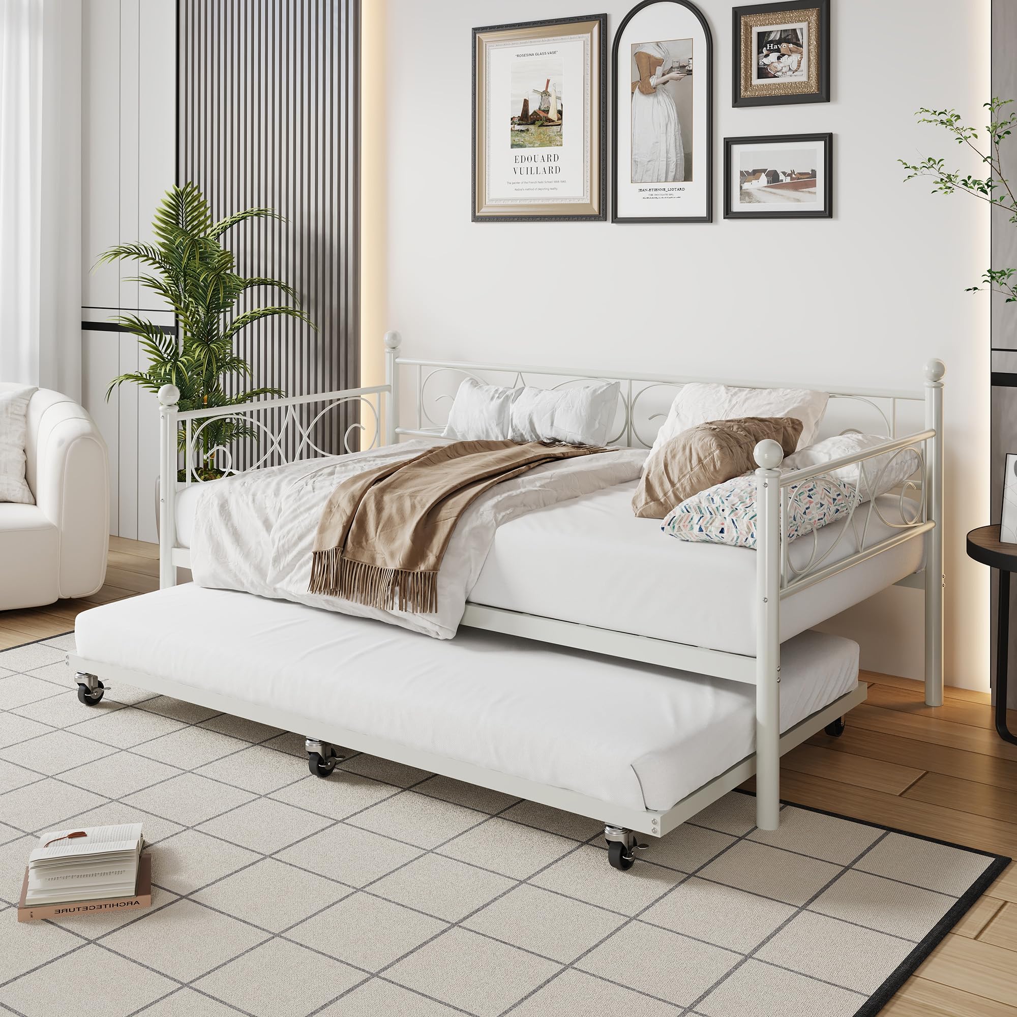 IDEALHOUSE Twin Daybed with Trundle, Metal Trundle Bed, Sofa Bed Frame, Heavy Duty Metal Slats, for Living Room, Bedroom, Guest 