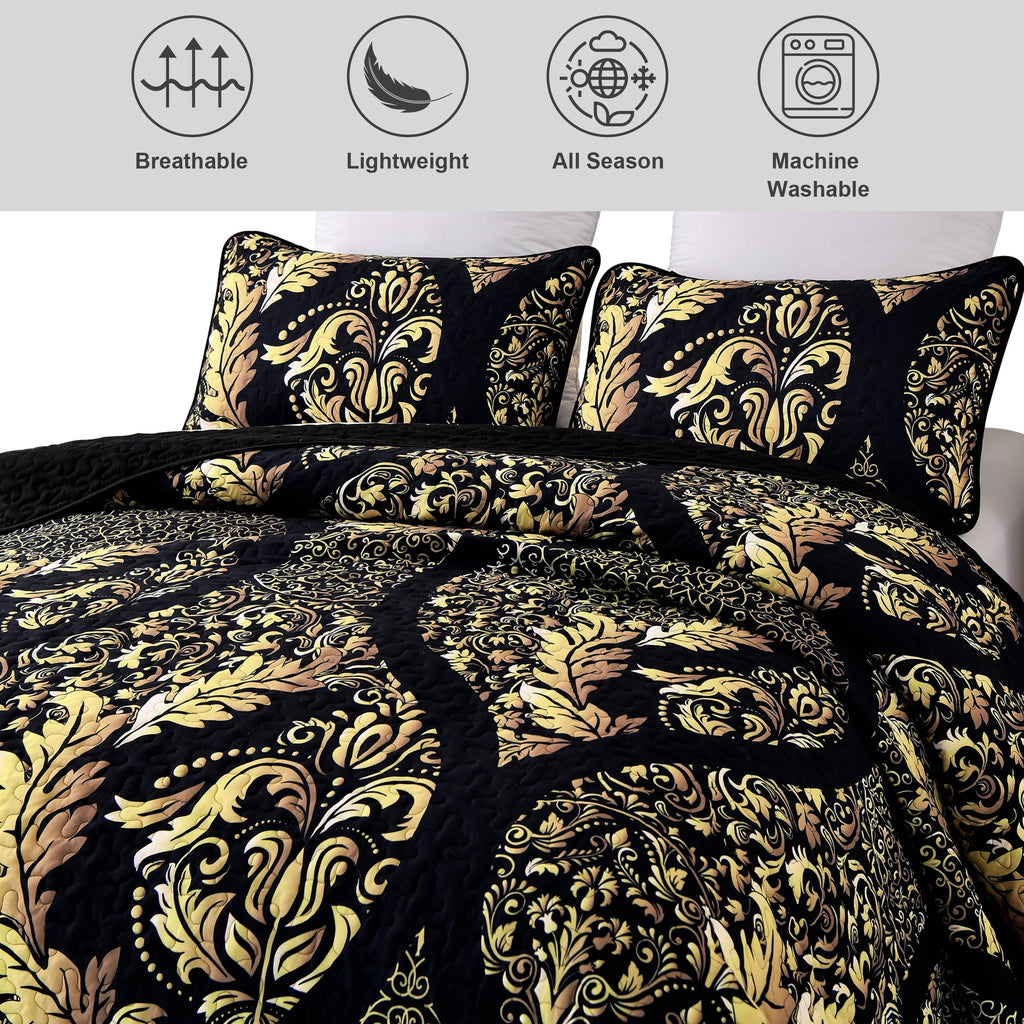 Djy Black Quilt Set California King Size, Boho Gold Damask Bedspread Coverlet Set Soft Lightweight Microfiber Luxury Bedding Set