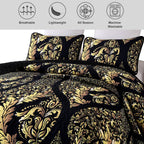 Djy Black Quilt Set California King Size, Boho Gold Damask Bedspread Coverlet Set Soft Lightweight Microfiber Luxury Bedding Set