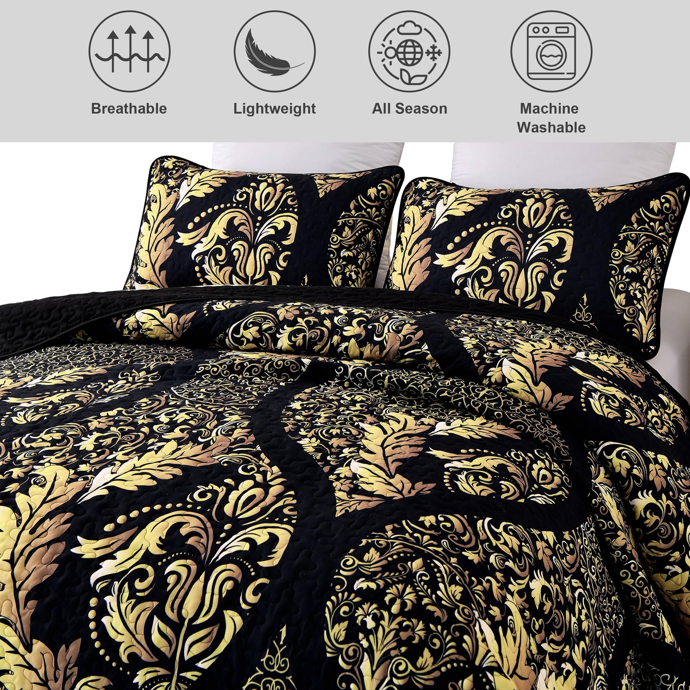 Djy Black Quilt Set California King Size, Boho Gold Damask Bedspread Coverlet Set Soft Lightweight Microfiber Luxury Bedding Set