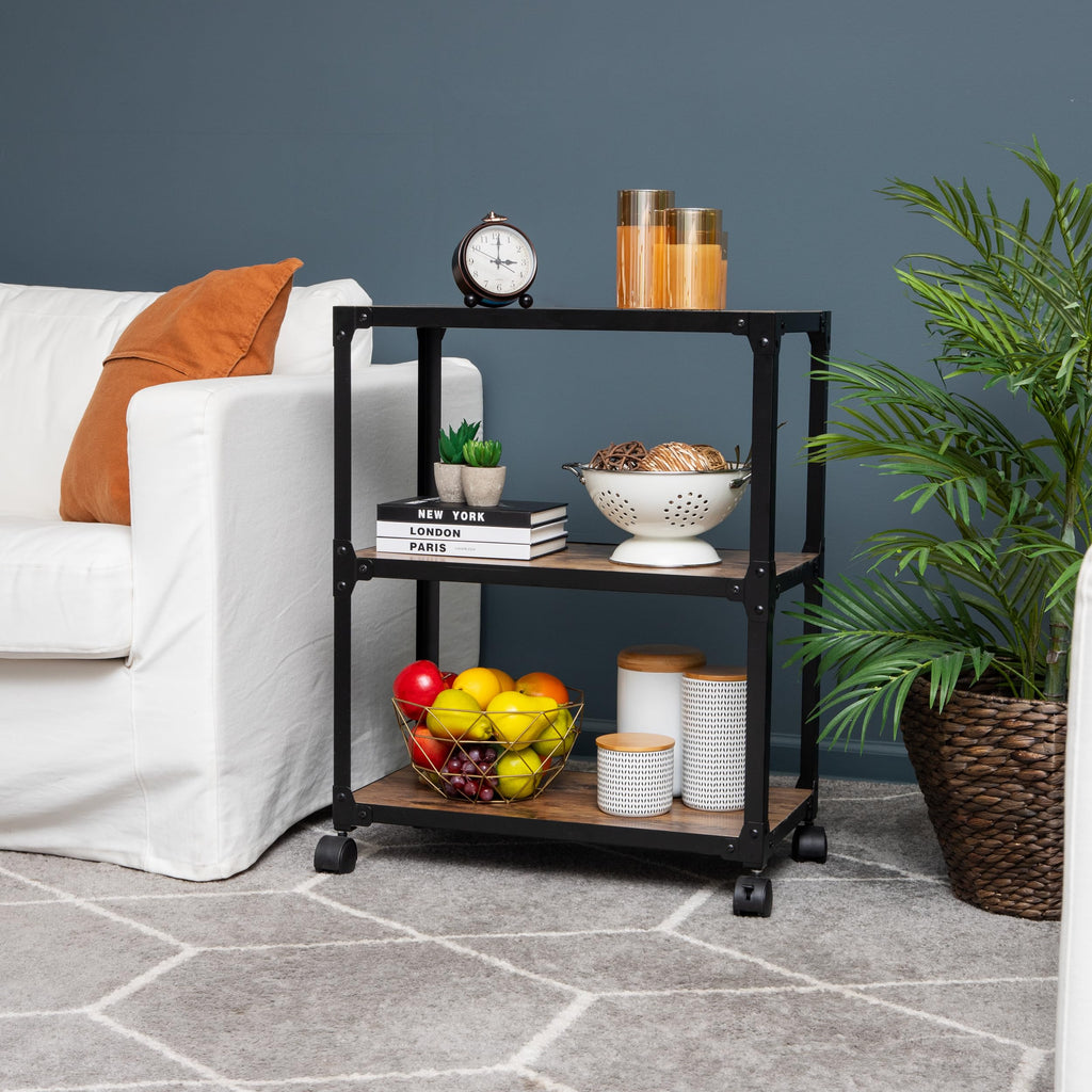 Mind Reader Woodland Collection, Rolling 3-Tier Kitchen Microwave Cart, Utility Cart, Bar Cart, Omnidirectional Smooth Gliding Lockable Wheels, Wood And Metal, Brown