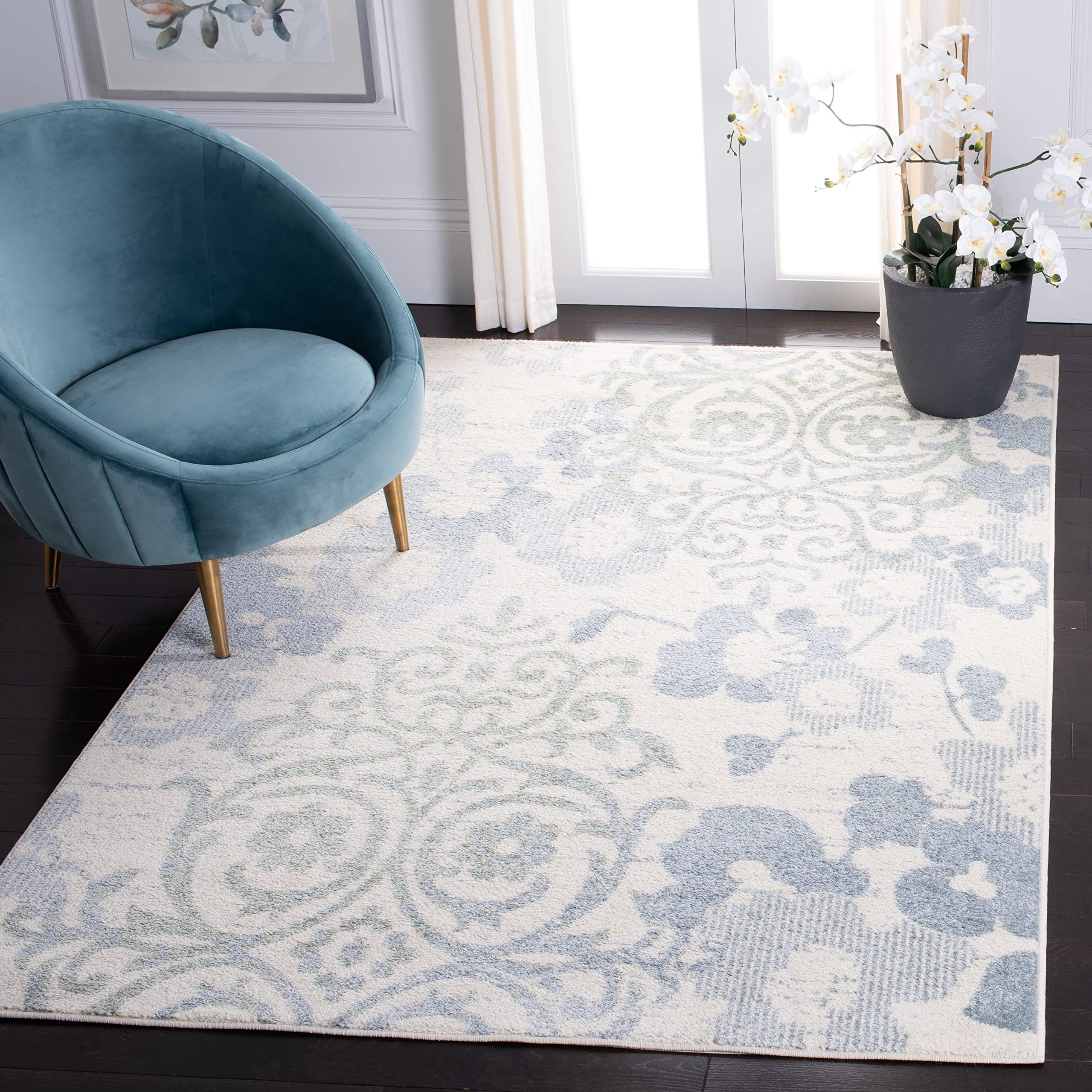 SAFAVIEH Adirondack Collection Area Rug - 9 x 12, Ivory & Blue, Floral Glam Damask Distressed Design, Non-Shedding & Easy Care