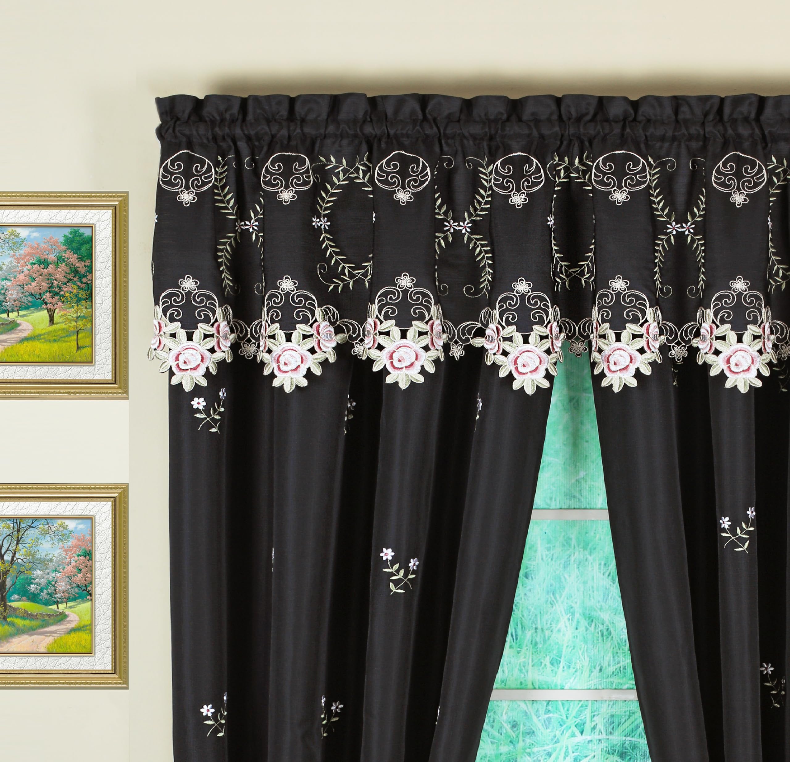 Today'S Curtain Verona Reverse Embroidery Panel Pair And Tiebacks, 72', Black/Rose, 80' W X 72' L