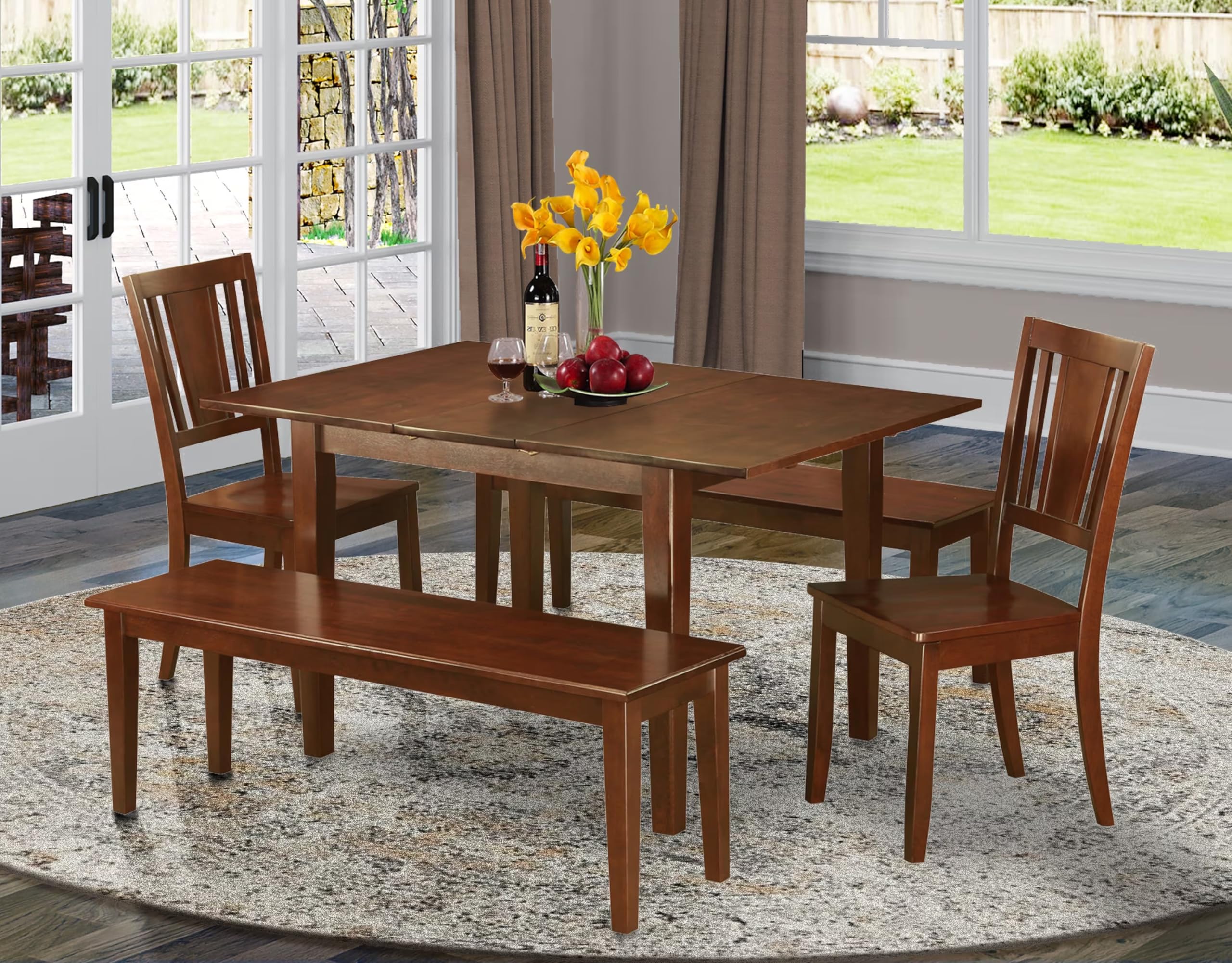 East West Furniture MLDU5D-MAH-W 5 Piece Dining Table Set for 4 Includes a Rectangle Kitchen Table with Butterfly Leaf and 2 Dining Chairs with 2 Benches, 36x54 Inch, Mahogany