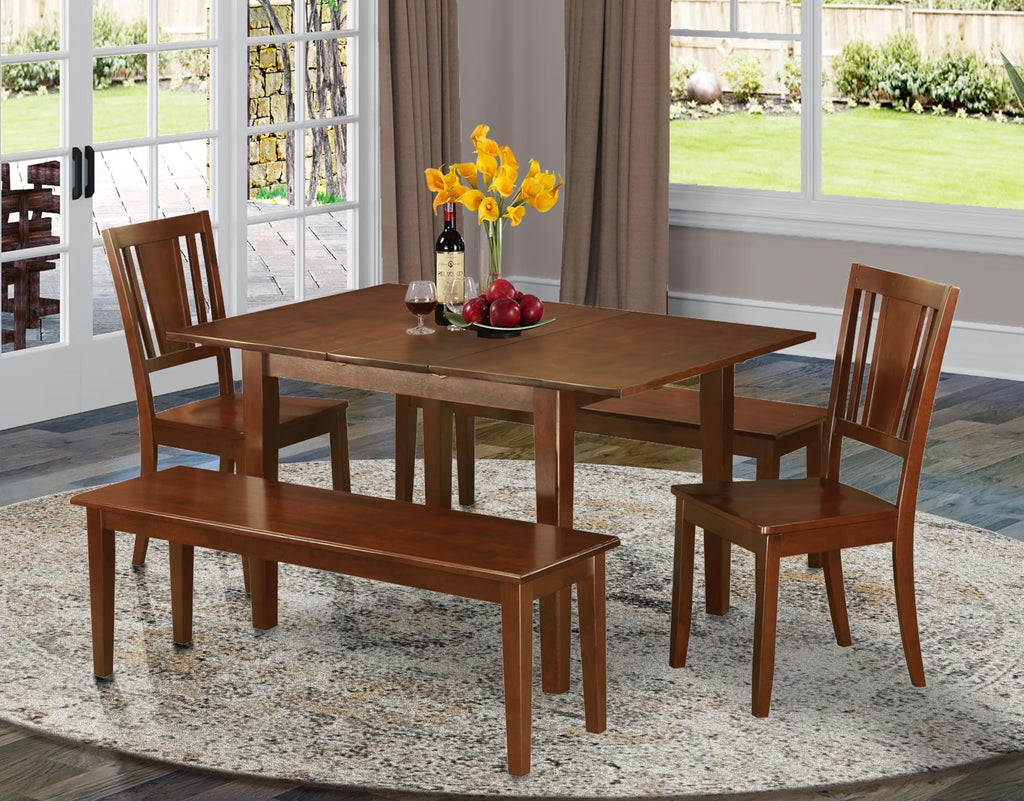 East West Furniture MLDU5D-MAH-W 5 Piece Dining Table Set for 4 Includes a Rectangle Kitchen Table with Butterfly Leaf and 2 Dining Chairs with 2 Benches, 36x54 Inch, Mahogany