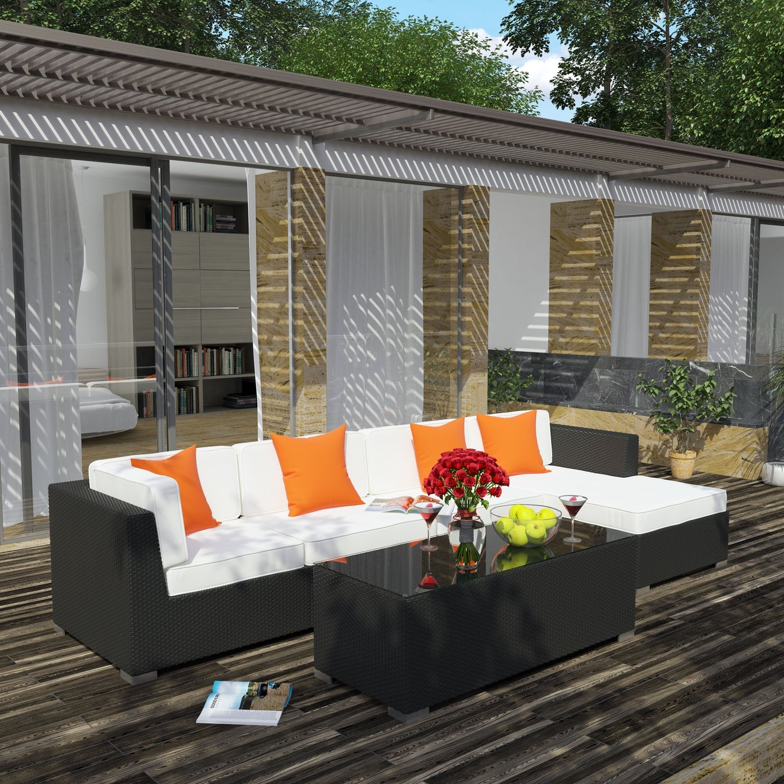 Modway Eei-728-Exp-Per-Set Signal 5-Piece Outdoor Wicker Patio Sectional Sofa Set, Espresso Peridot