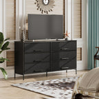 Wlive Wide Fabric Dresser, 6 Drawer Dresser Tv Stand For 68' Tv, Dressers Bedroom Furniture Large Storage Tower Unit With Fabric Bins, White Dresser For Bedroom, Closet, Hallway, Black