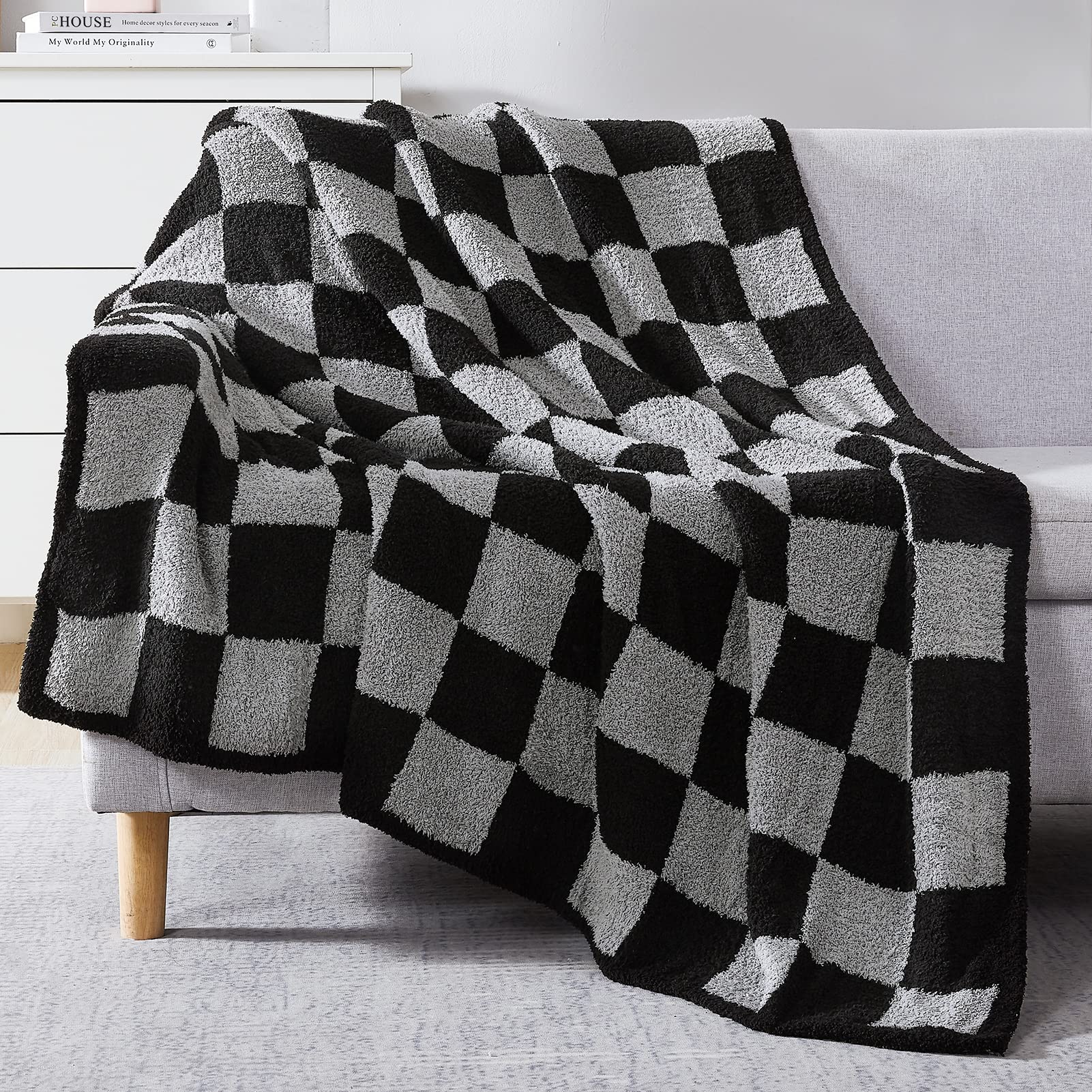 Wrensonge Checkered Throw Blanket, Black Grey Checkered Microfiber Soft Cozy Fluffy Warm Hand Made Weave Throw Blankets For Couc