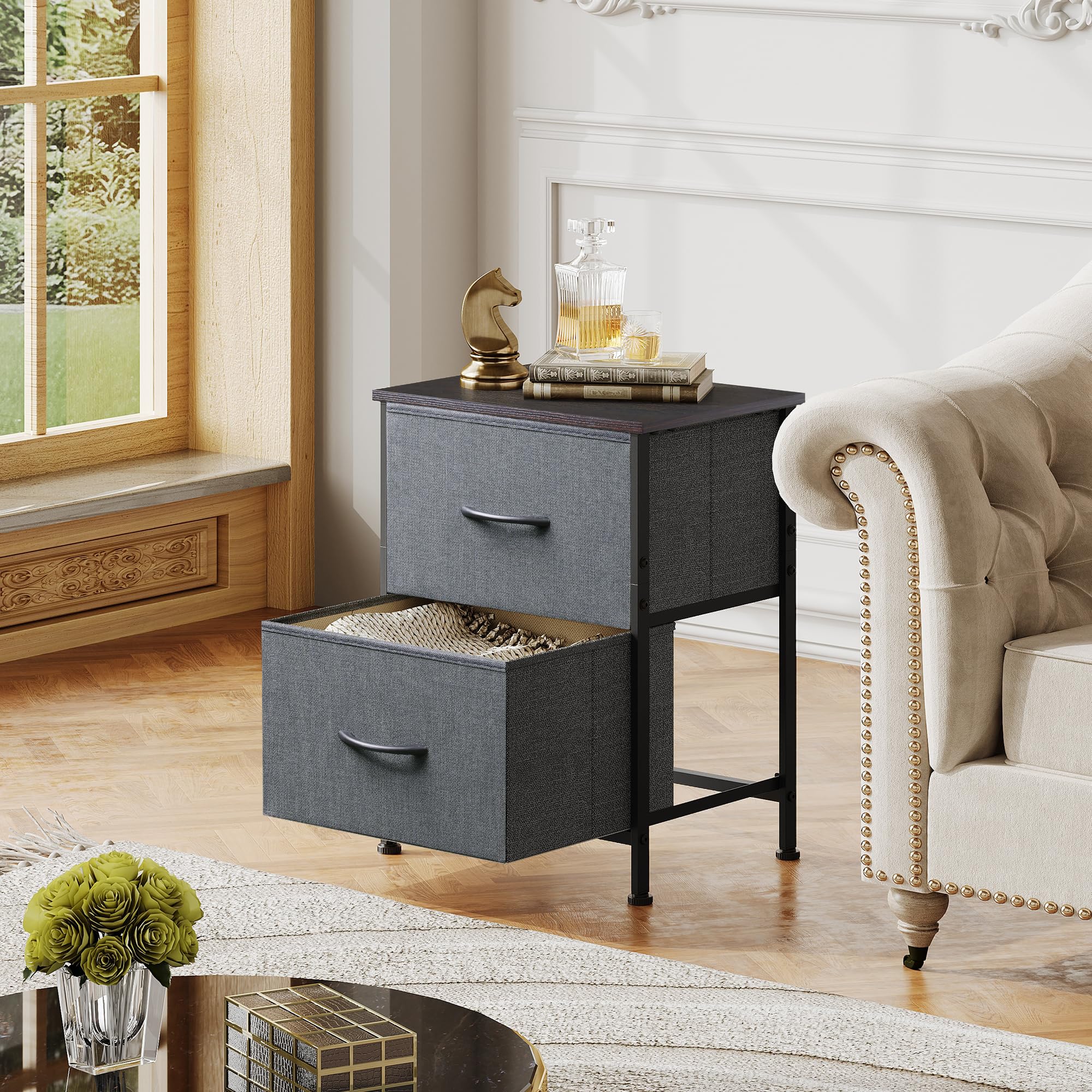 Wlive Nightstand, 2 Drawer Dresser For Bedroom, Small Dresser With 2 Drawers, Bedside Furniture, Night Stand, End Table With Fabric Bins For Bedroom, Closet, Entryway, College Dorm, Dark Grey