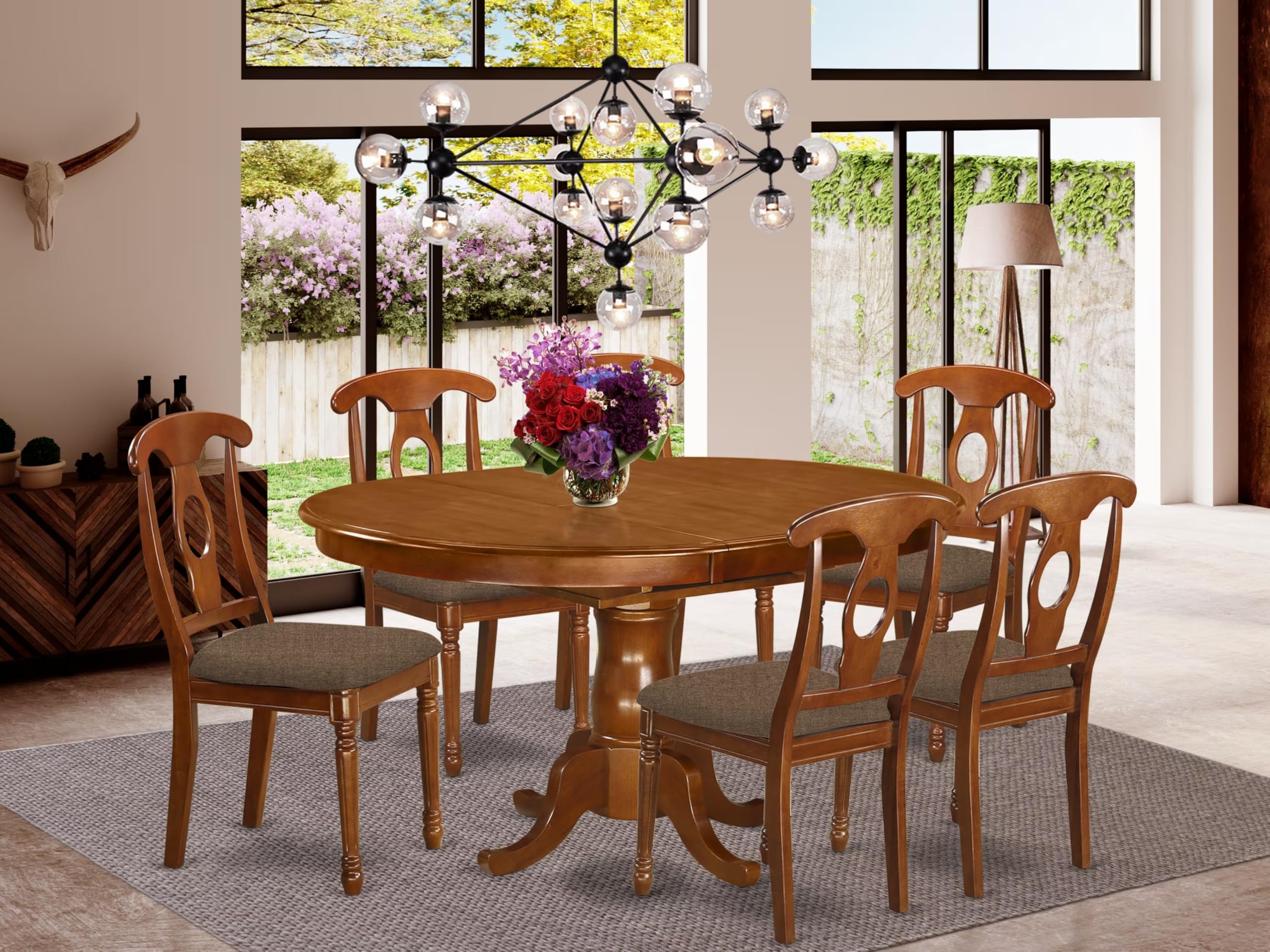East West Furniture PONA7-SBR-C 7 Piece Modern Dining Table Set Consist of an Oval Wooden Table with Butterfly Leaf and 6 Linen Fabric Dining Room Chairs, 42x60 Inch, Saddle Brown