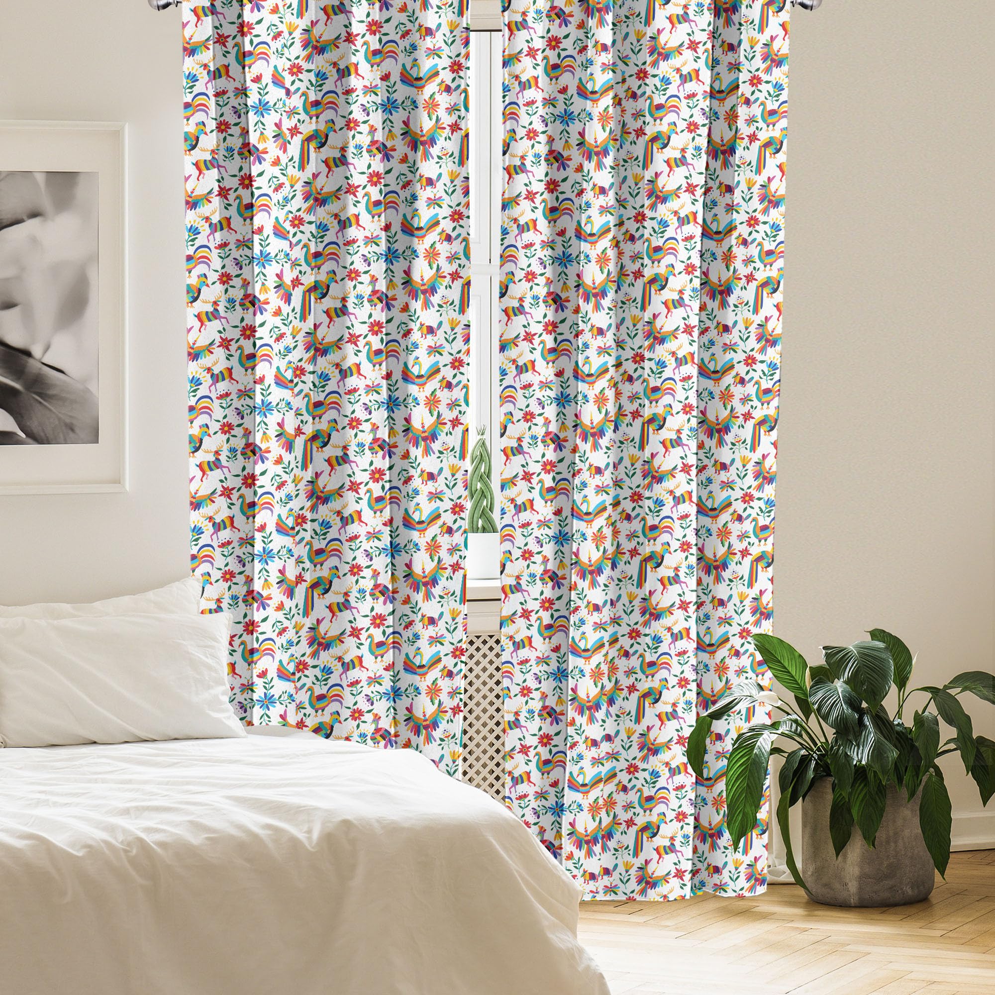 Ambesonne Mexican Window Curtains Pack Of 2, Traditional Latin American Art Design Natural Inspirations Flowers And Birds, Light