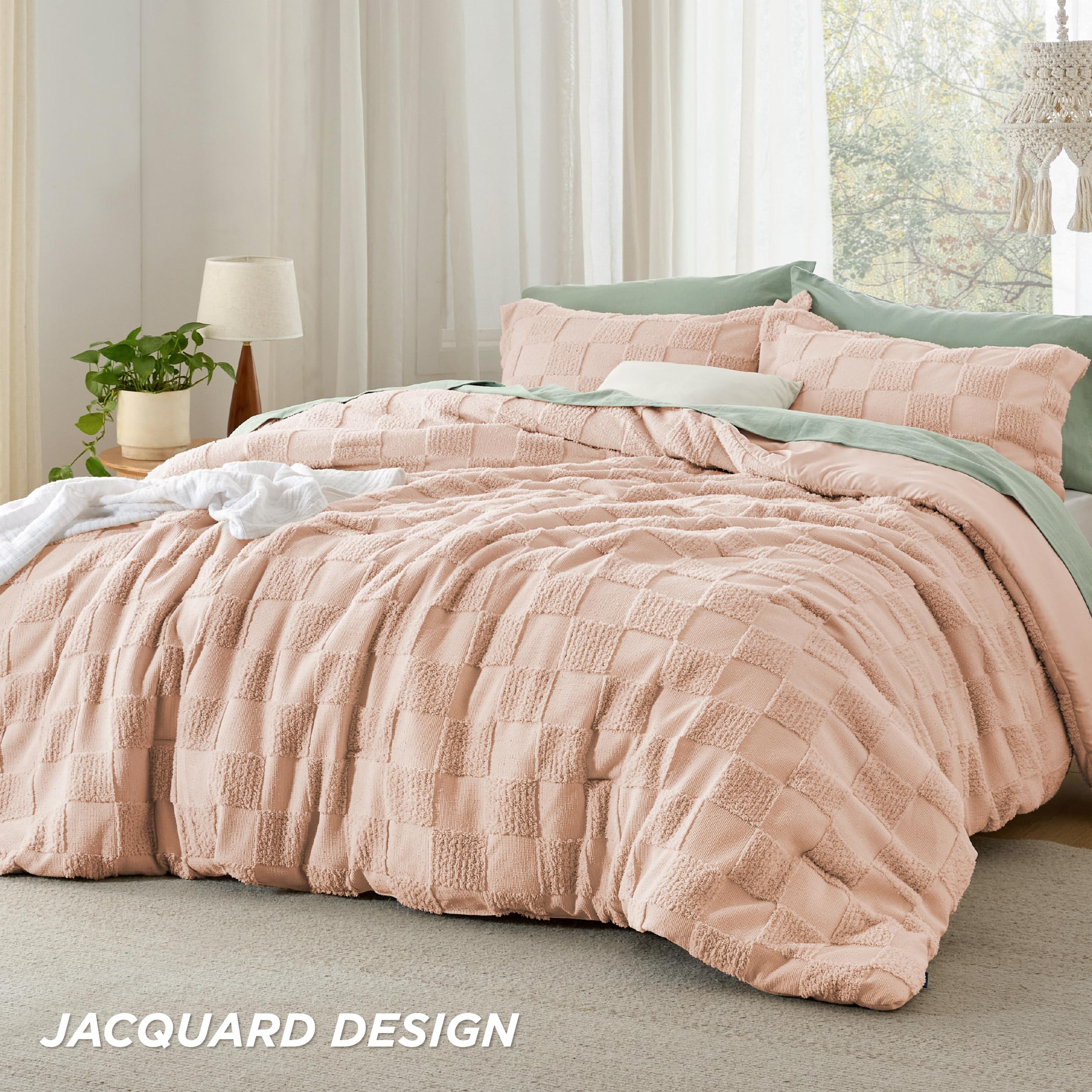 Bedsure Queen Size Comforter Set Dusty Rose, Boho Tufted Bed Set, Checkered Farmhouse Shabby Chic Bedding, 3 Pieces, 1 Plaid Geometric Comforter And 2 Pillow Shams