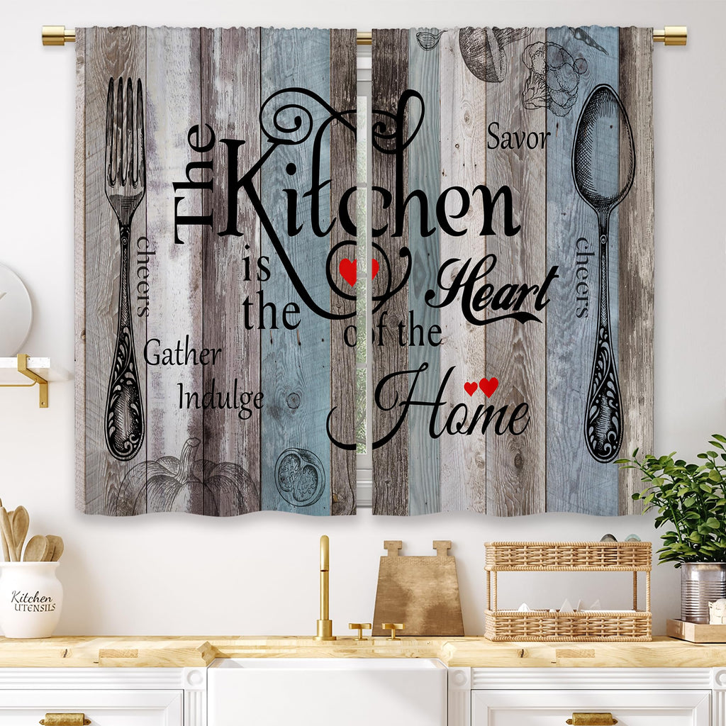 Laifzere Teal Blue Farmhouse Rustic Kitchen Curtains Wooden Wood Small Short Cafe Window Curtains Vintage Fork Spoon RetroBathro