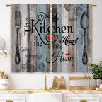 Laifzere Teal Blue Farmhouse Rustic Kitchen Curtains Wooden Wood Small Short Cafe Window Curtains Vintage Fork Spoon RetroBathro