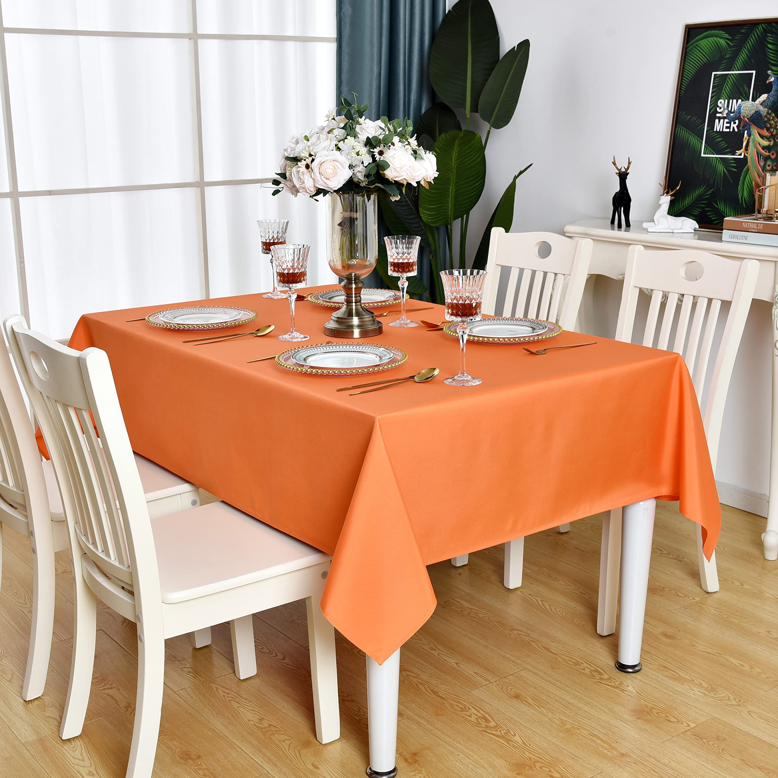 Kaipho Orange Rectangle Tablecloth Waterproof Stain Resistant Wrinkle Free Table Cloth 210Gsm Polyester Wipeable Table Cover For