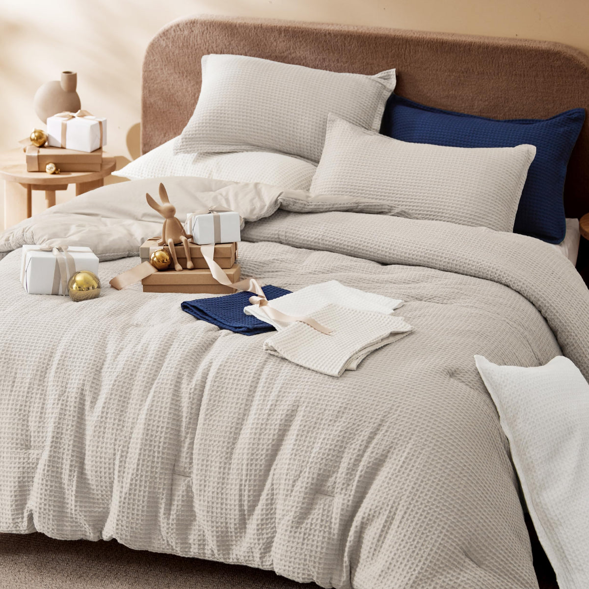 Bedsure Waffle Comforter Set Full, Beige Soft Cotton Bedding Set, Waffle Weave Bed Set, 3 Pieces, 1 Comforter (82'X86') And 2