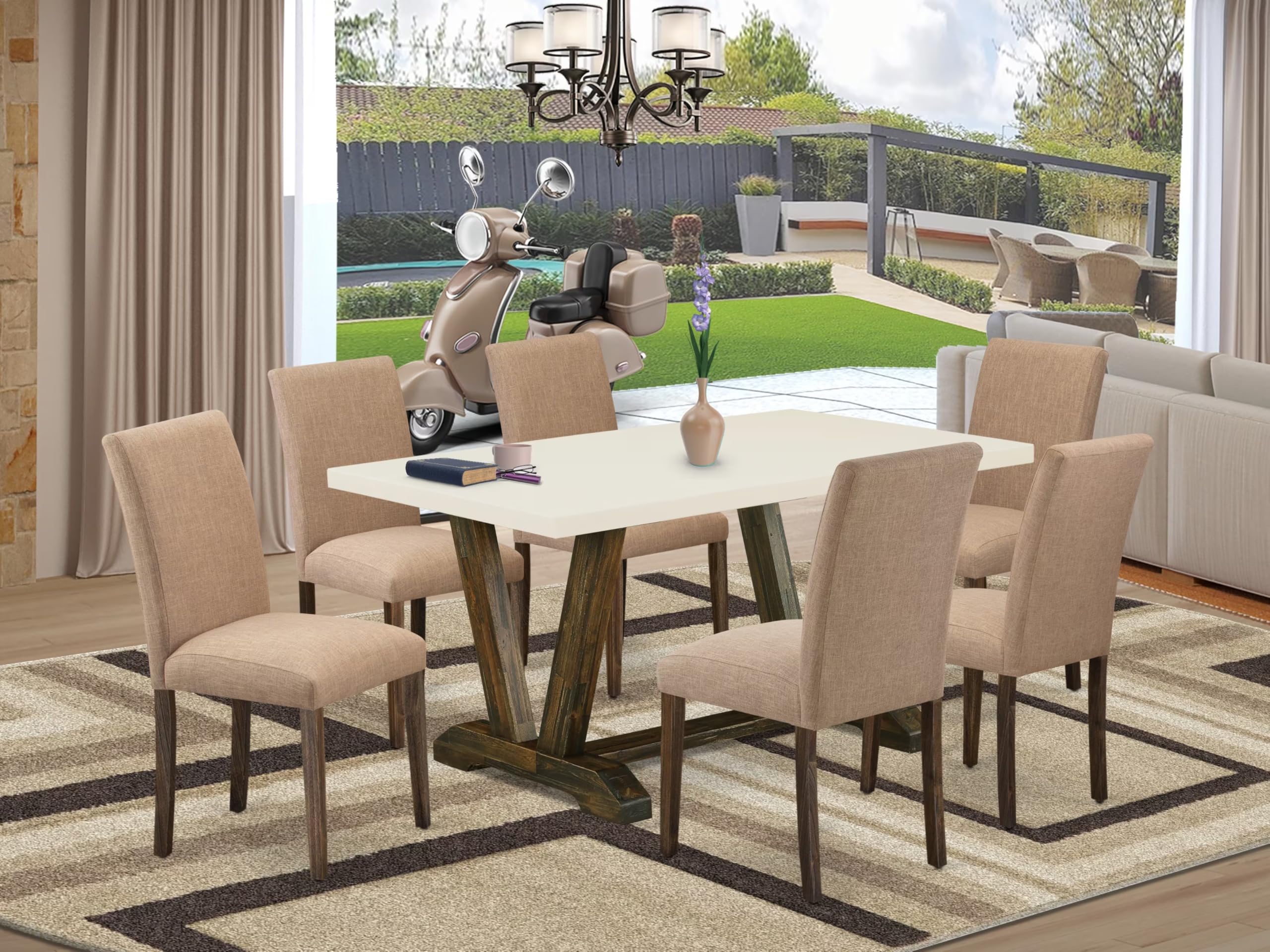 East West Furniture V726Ab747-7 7 Piece Modern Dining Table Set Consist Of A Rectangle Wooden Table With V-Legs And 6 Light Sable Linen Fabric Parsons Dining Chairs, 36X60 Inch, Multi-Color