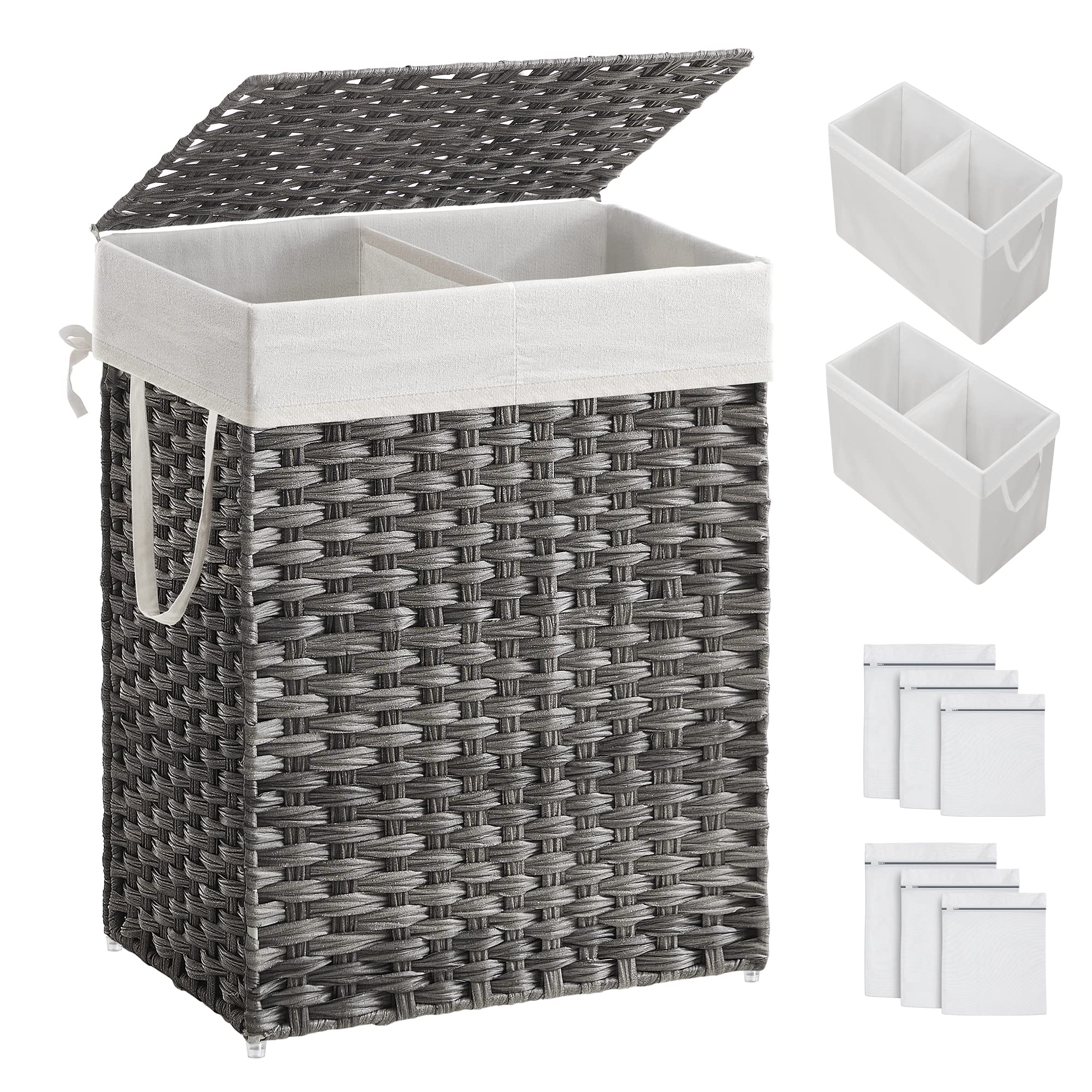 SONGMICS Laundry Hamper with Lid, 90L Clothes Hamper with 2 Removable Liner Bags, 6 Mesh Bags, Wicker Laundry Basket, Double Lau