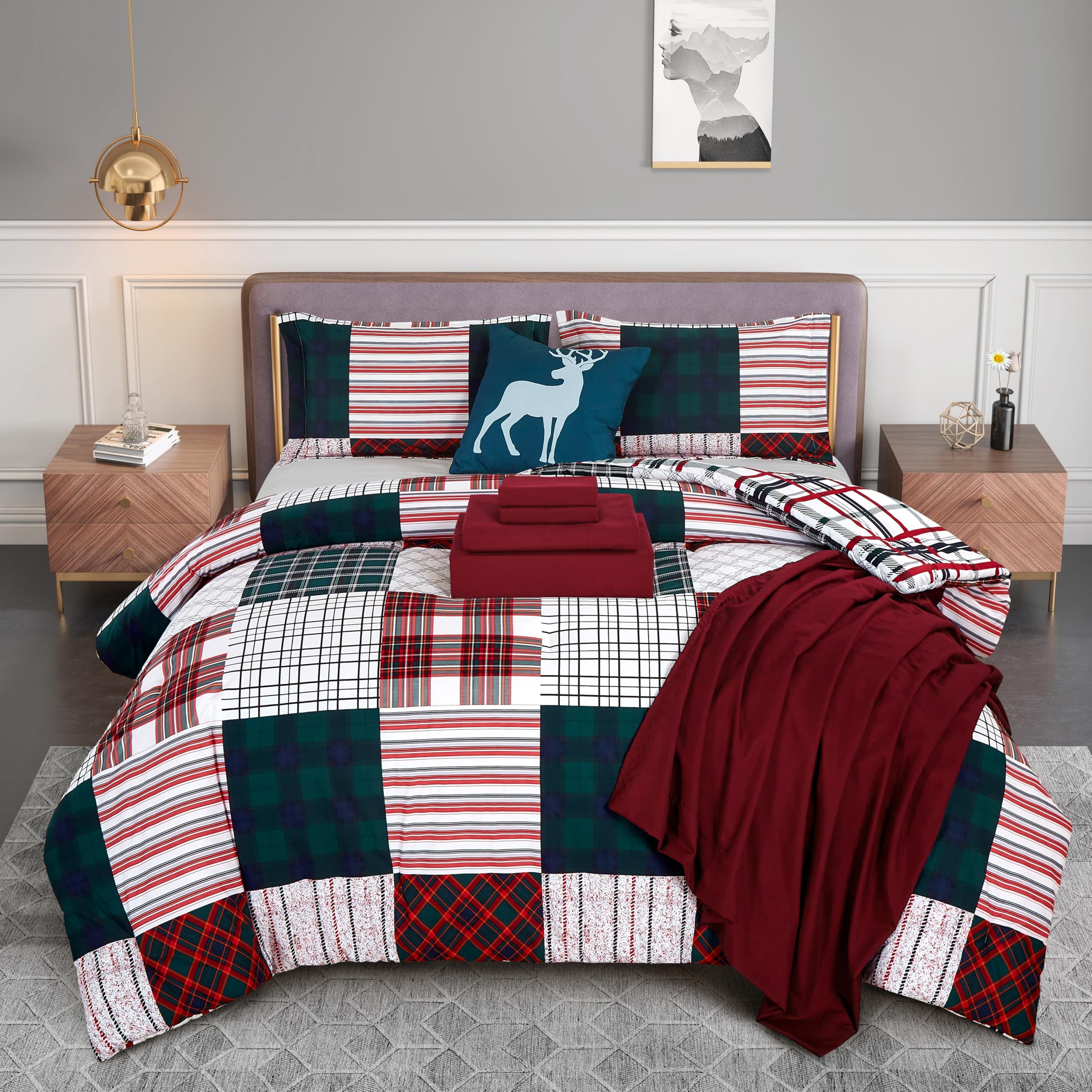 Elegant Comfort Silky Soft 8-Piece Cabin Lodge Bed-In-A-Bag Comforter Set, Includes 4Pc Smart Sheet Set, Comforter, Decorative Pillow, Matching Pillowcases And Shams - Twin/Twin Xl, Burgundy