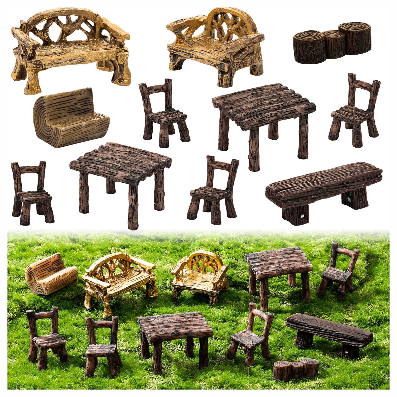 11Pieces Fairy Garden Furniture Ornaments Miniature Table And Chairs Set Village Micro Resin Bench Chair Kit For Dollhouse Acces