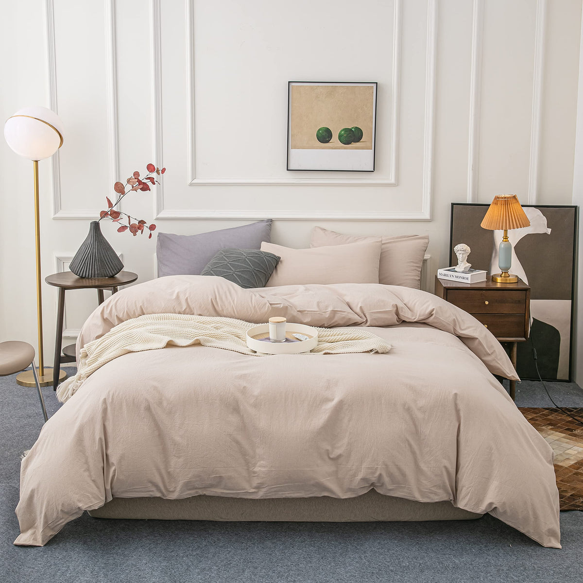 Janlive Washed Cotton Duvet Cover King Ultra Soft 100% Cotton Solid Color Light Camel Duvet Cover Set With Zipper Closure -3 Pie