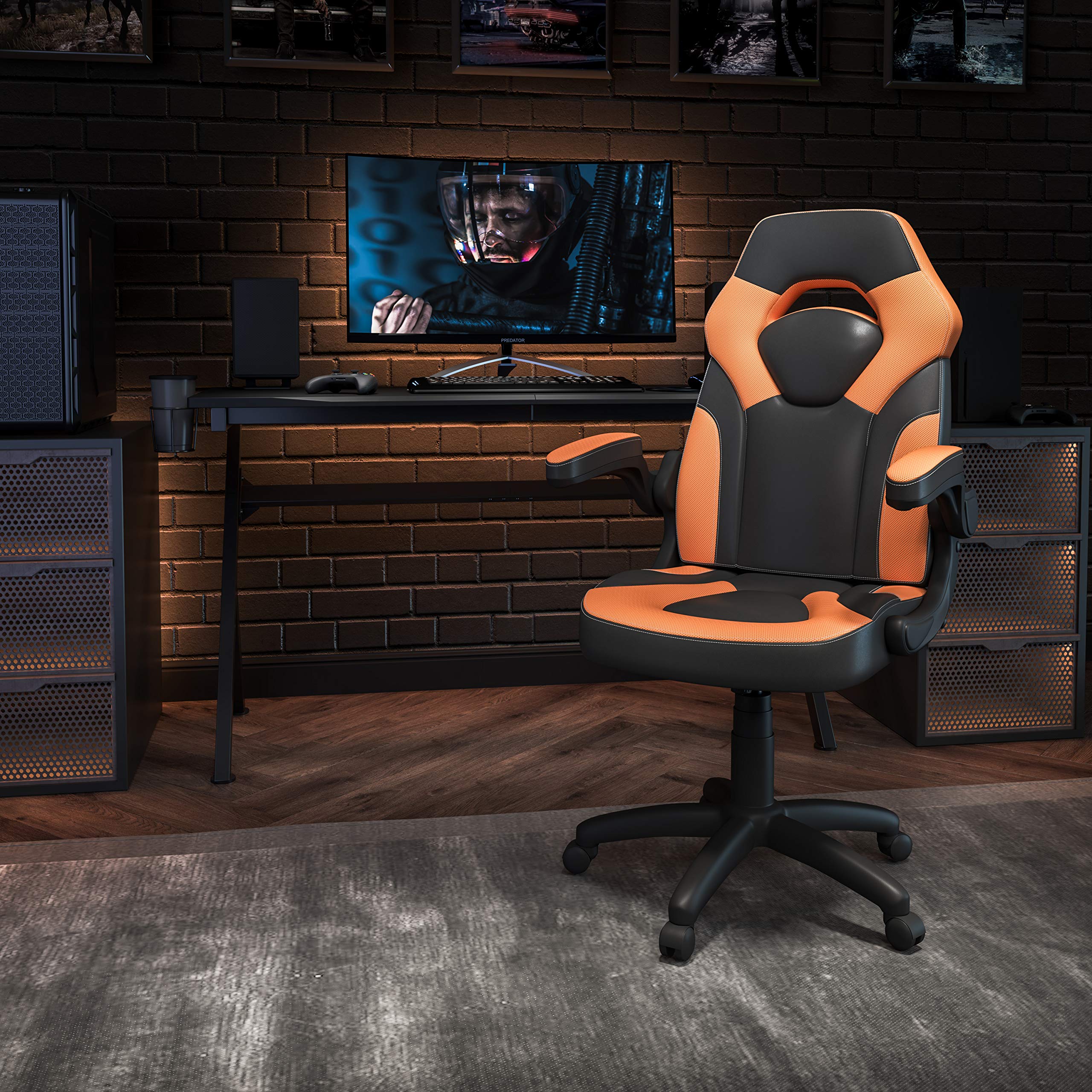 Flash Furniture X10 High-Back Leathersoft Racing Style Gaming Chair With Flip-Up Arms, Ergonomic Padded Swivel Computer Chair, Orange/Black
