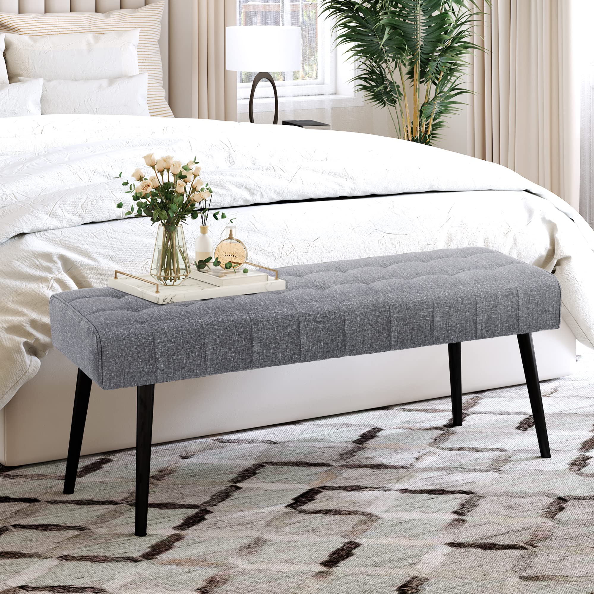 Lue Bona 44.5” End Of Bed Bench, Linen Tufted Upholstered Bedroom Bench, Modern Ottoman Bench With Metal Legs Storage For Living Room, Entryway, Dining Room, 300Lb, Gray